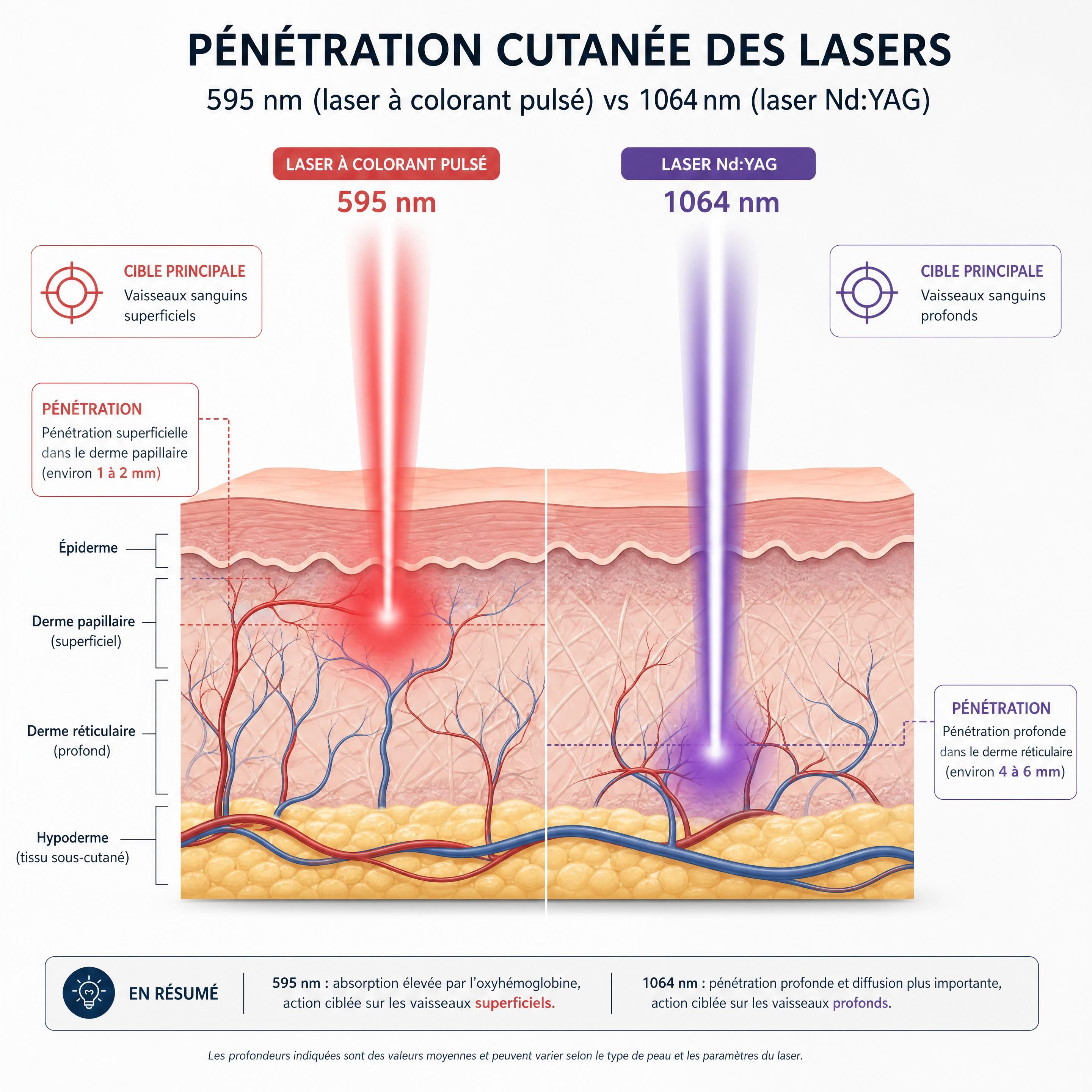 Schéma explicatif de la pénétration cutanée des longueurs d'ondes du laser à colorant pulsé 595 nm et du laser Nd:YAG 1064 nm dans le derme