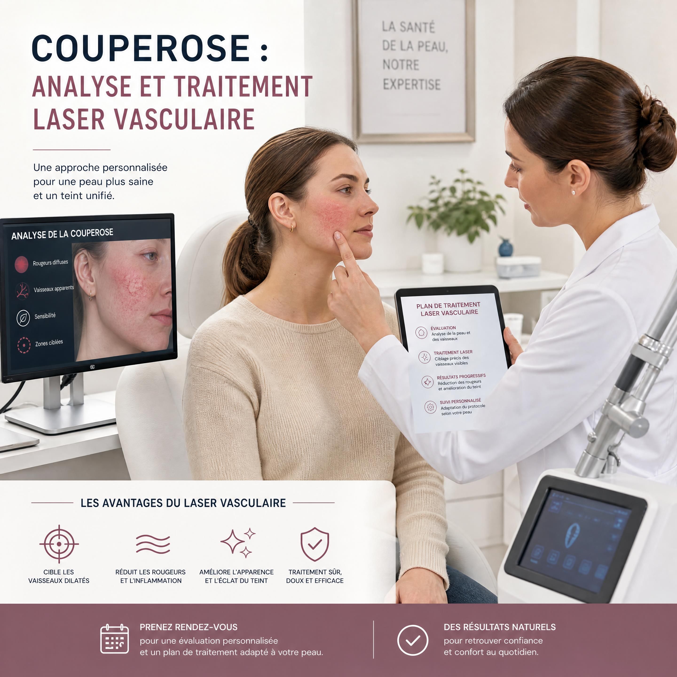 Consultation en clinique dermatologique pour l'analyse d'une couperose et planification d'un traitement laser vasculaire