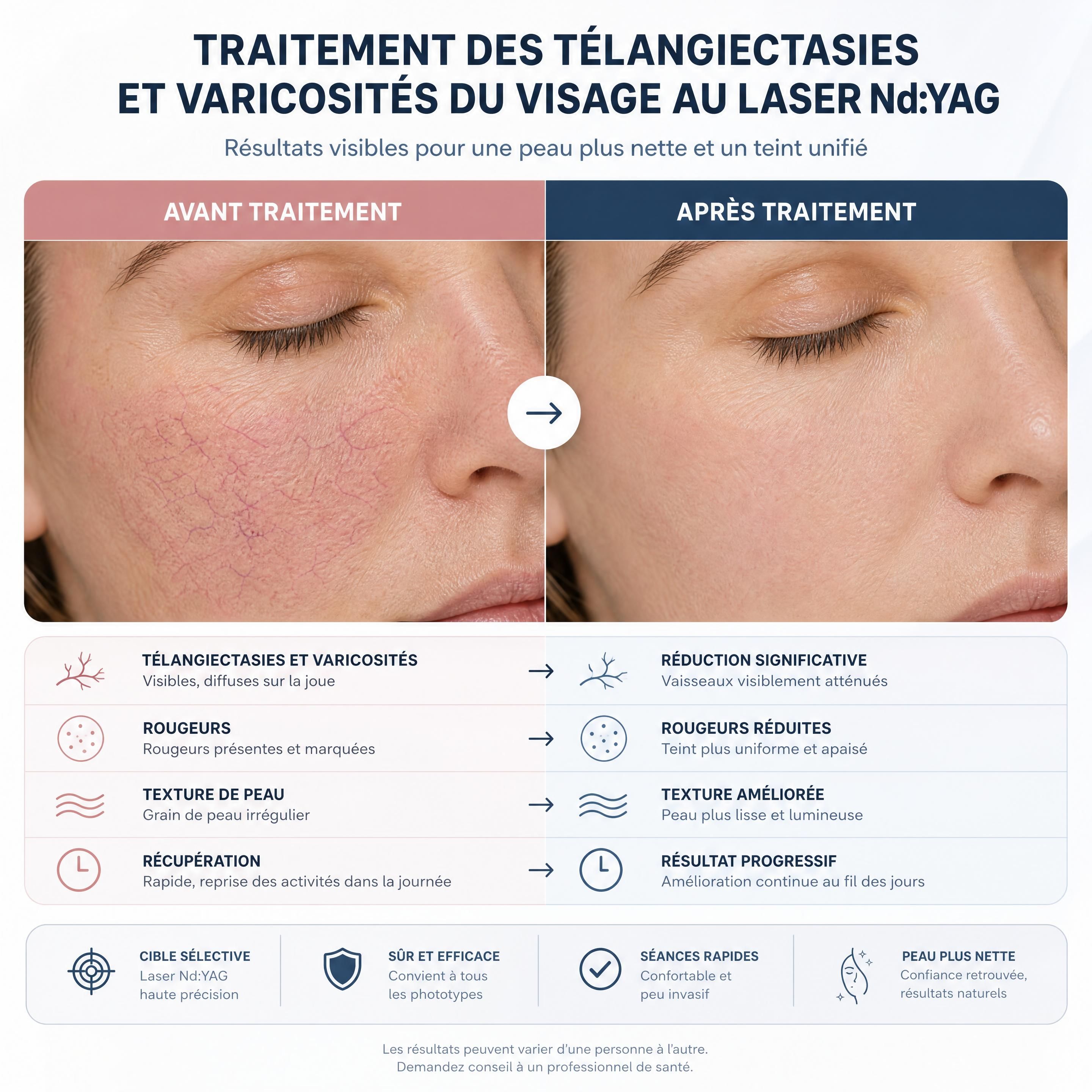 Tableau comparatif avant après traitement des télangiectasies et varicosités du visage au laser Nd:YAG