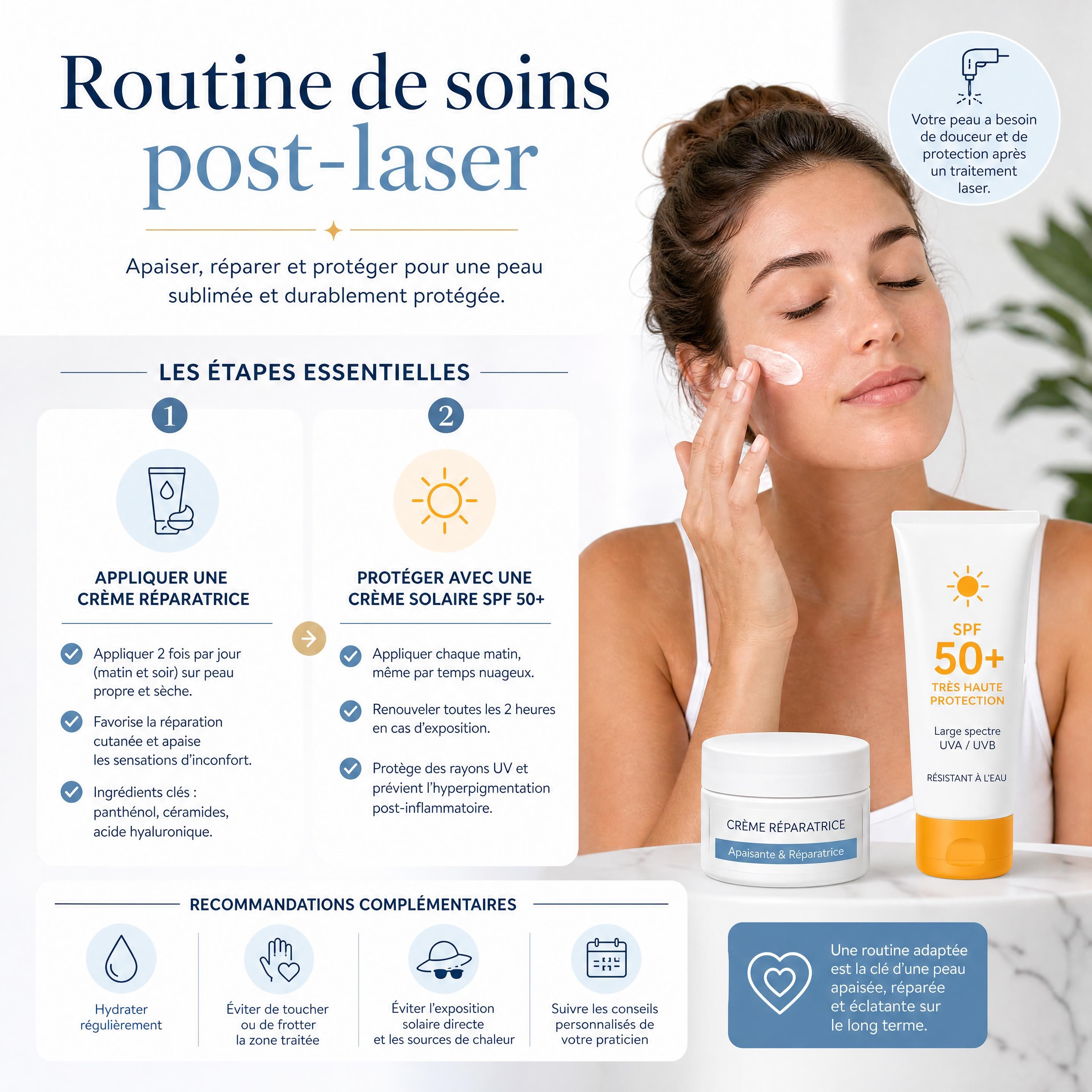 Routine de soins post-laser incluant l'application d'une crème réparatrice et d'une protection solaire d'indice SPF 50+