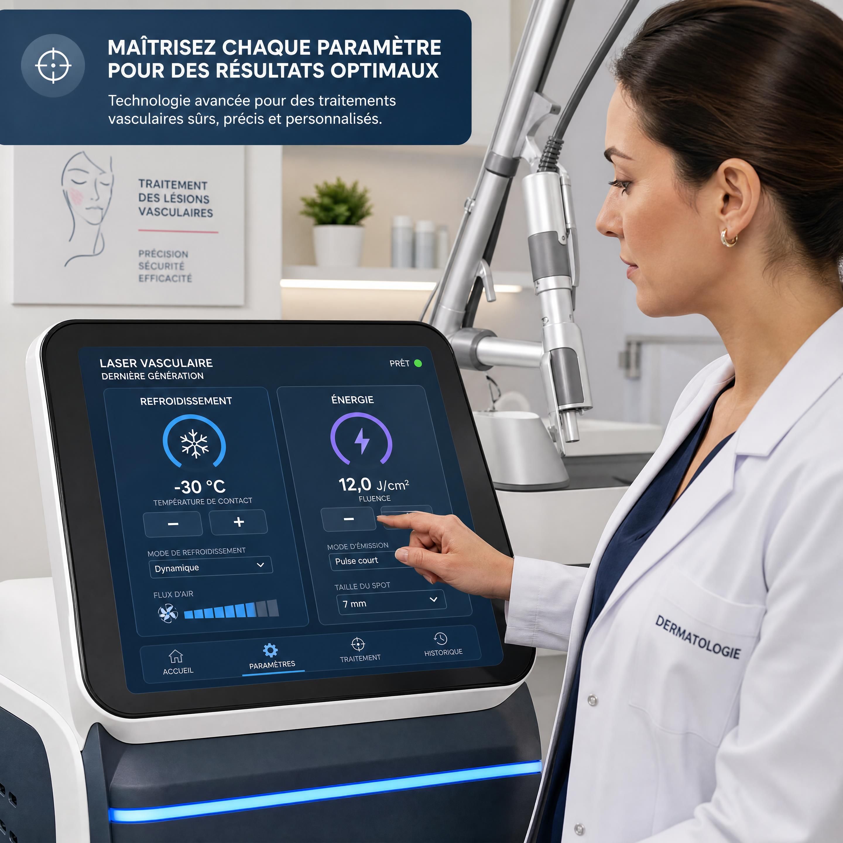 Dermatologue ajustant les paramètres de refroidissement et d'énergie sur l'interface d'un laser vasculaire de dernière génération