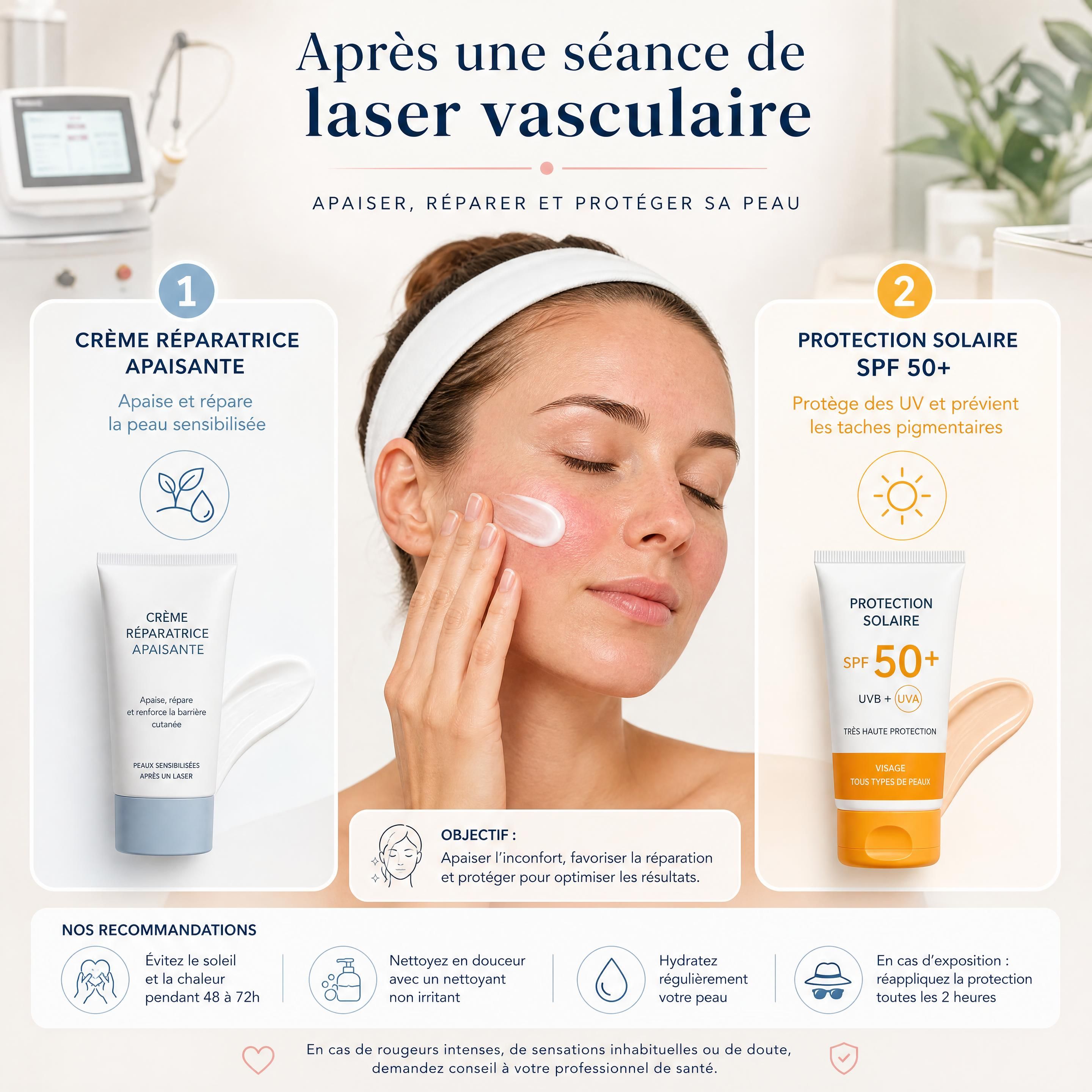 Application d'une crème réparatrice apaisante et d'une protection solaire SPF 50+ après une séance de laser vasculaire