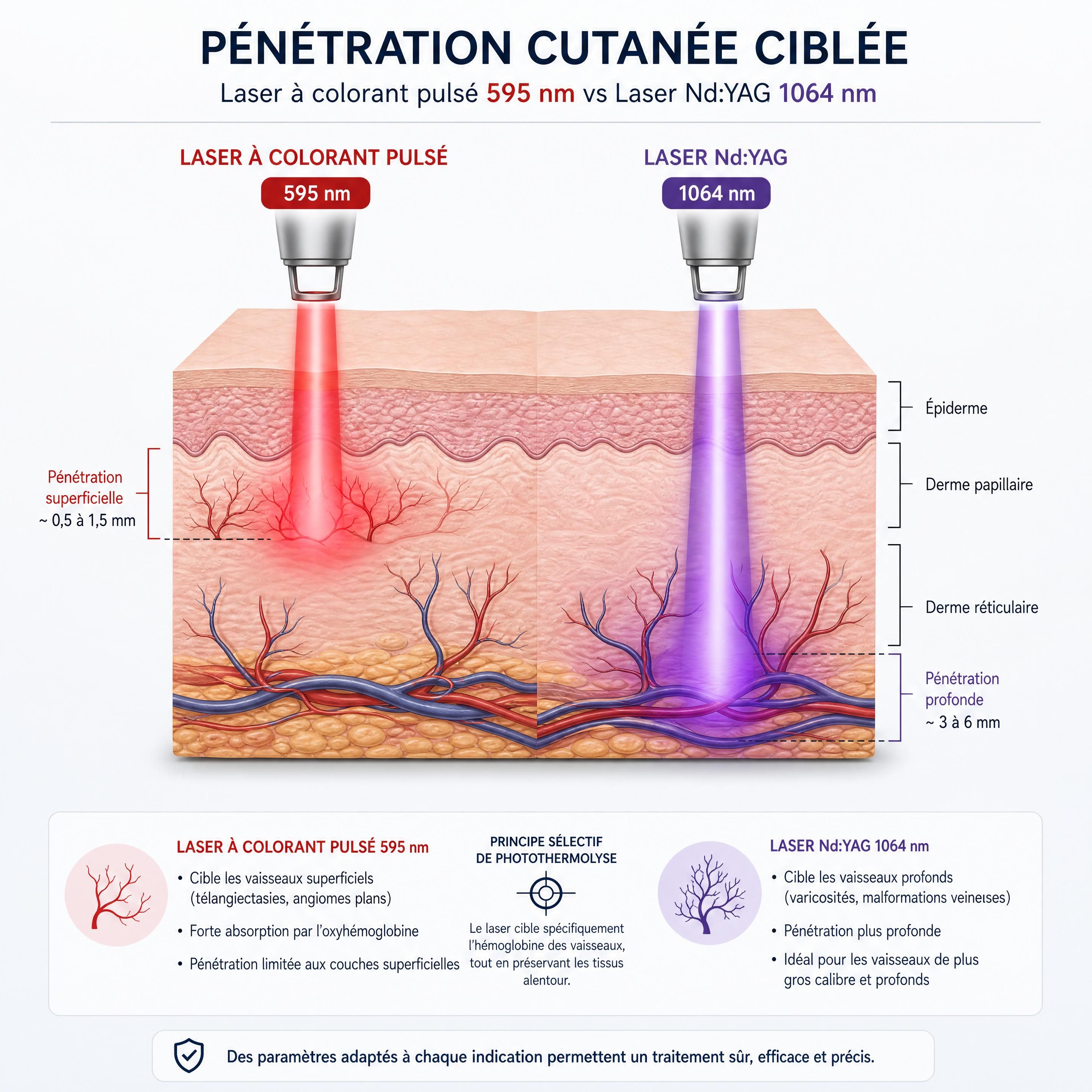 Schéma clinique illustrant la pénétration cutanée ciblée du laser à colorant pulsé 595 nm et du laser Nd:YAG 1064 nm