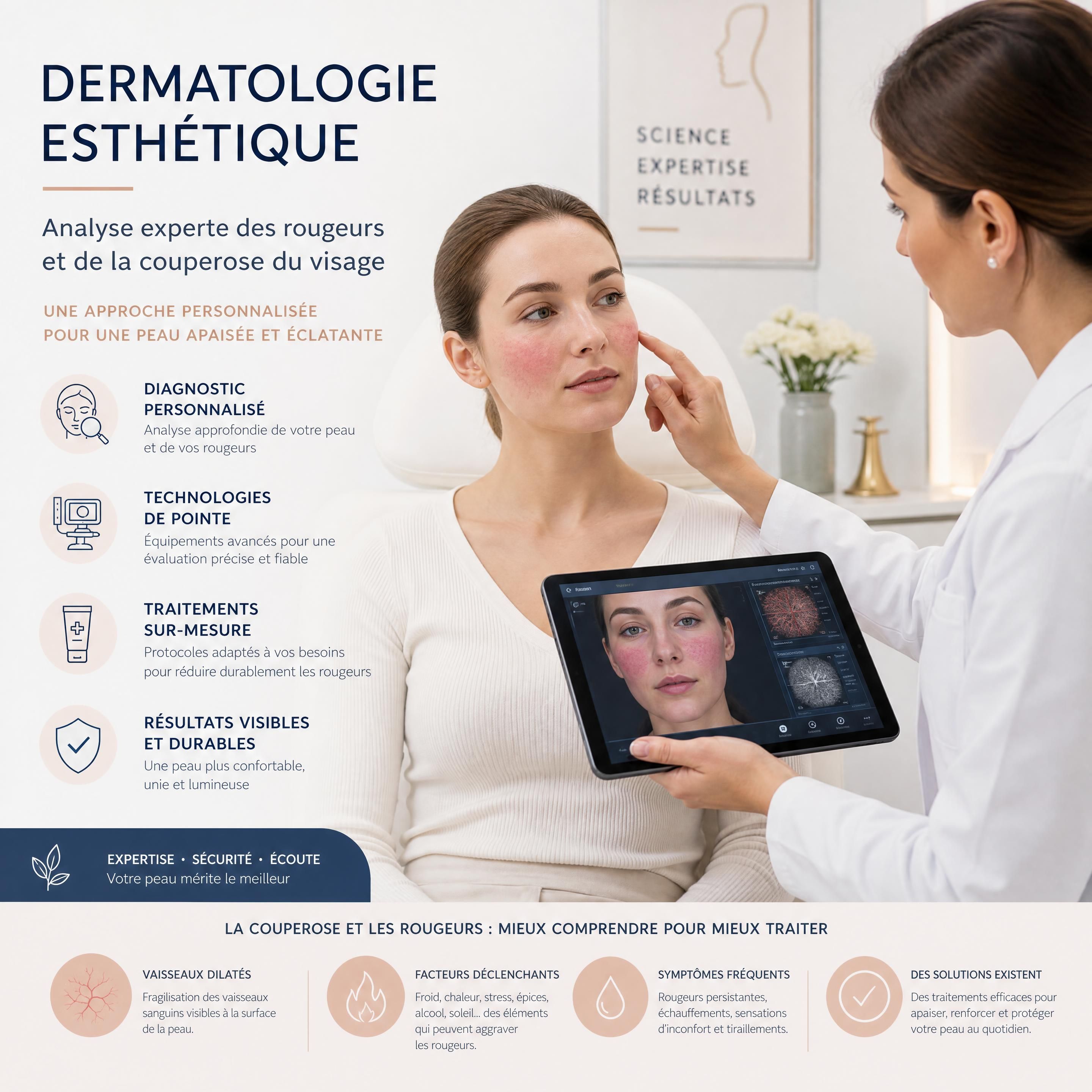 Consultation de dermatologie esthétique de pointe pour l'analyse des rougeurs et de la couperose du visage