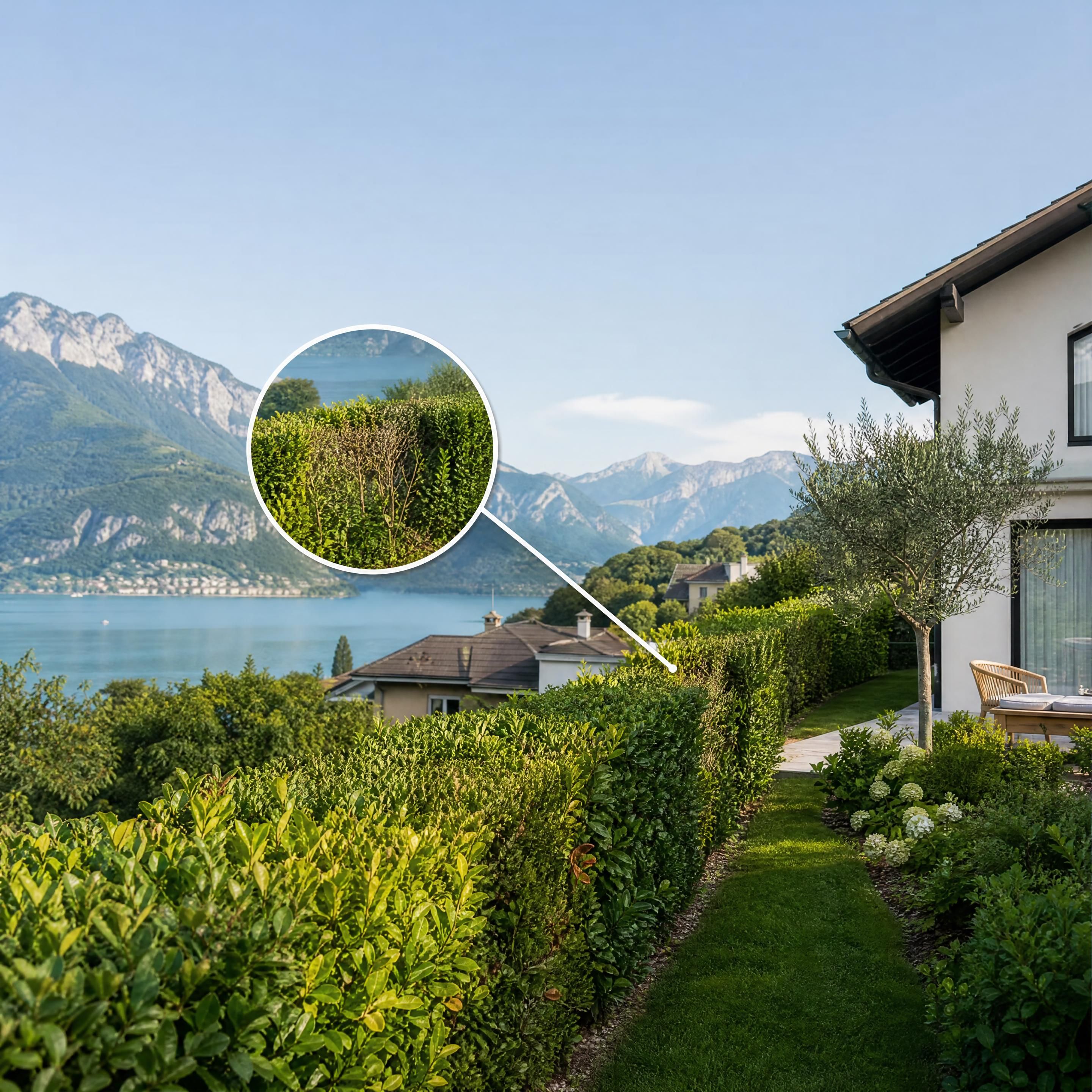 Haie de jardin près d’une habitation à Annecy avec zone suspecte signalée visuellement à distance, aucun humain, aucun texte, représentation réaliste et non alarmiste