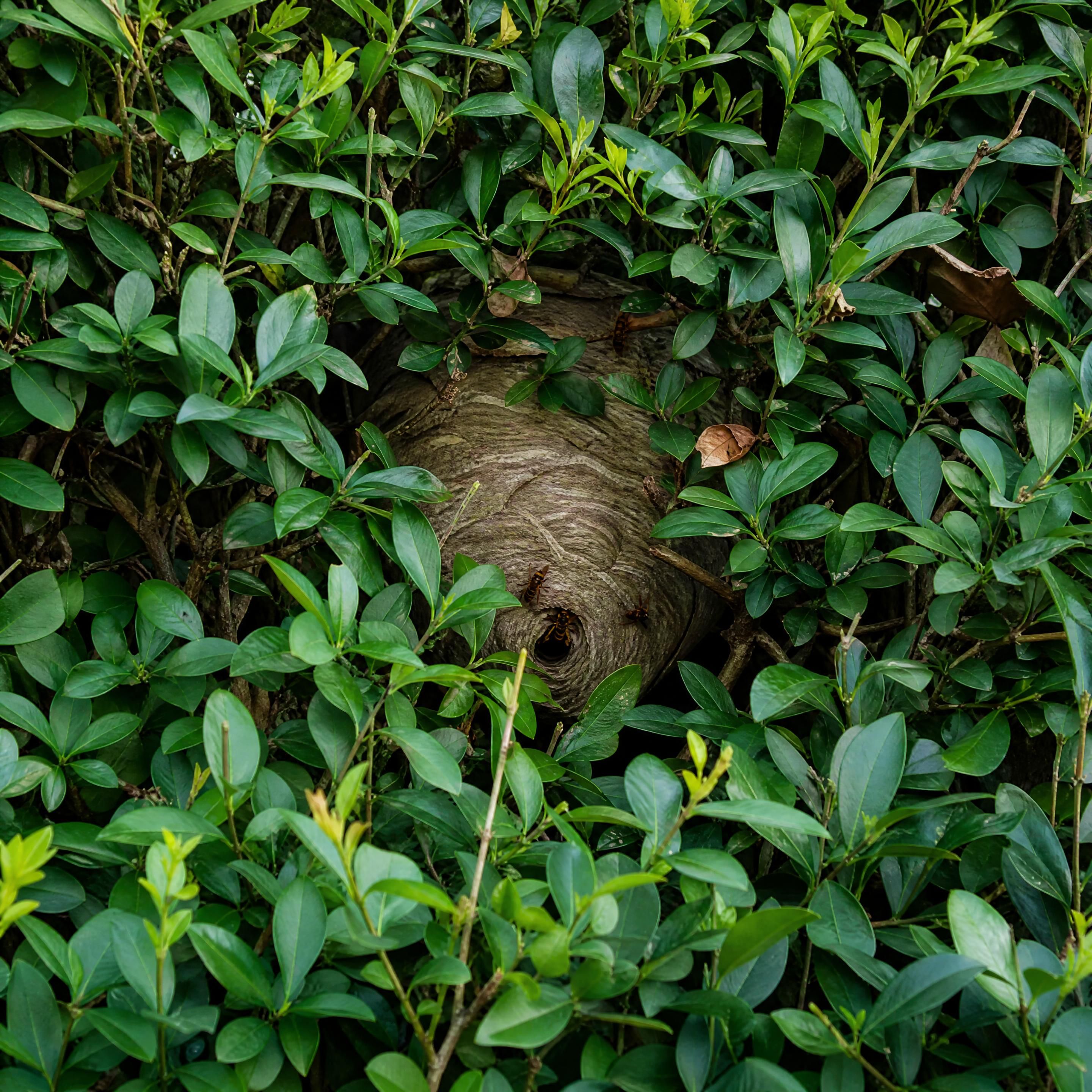 Nid de frelon asiatique à pattes jaunes dissimulé dans une haie dense d’un jardin du bassin annécien, image réaliste horizontale, sans personne, sans texte, couleurs naturelles