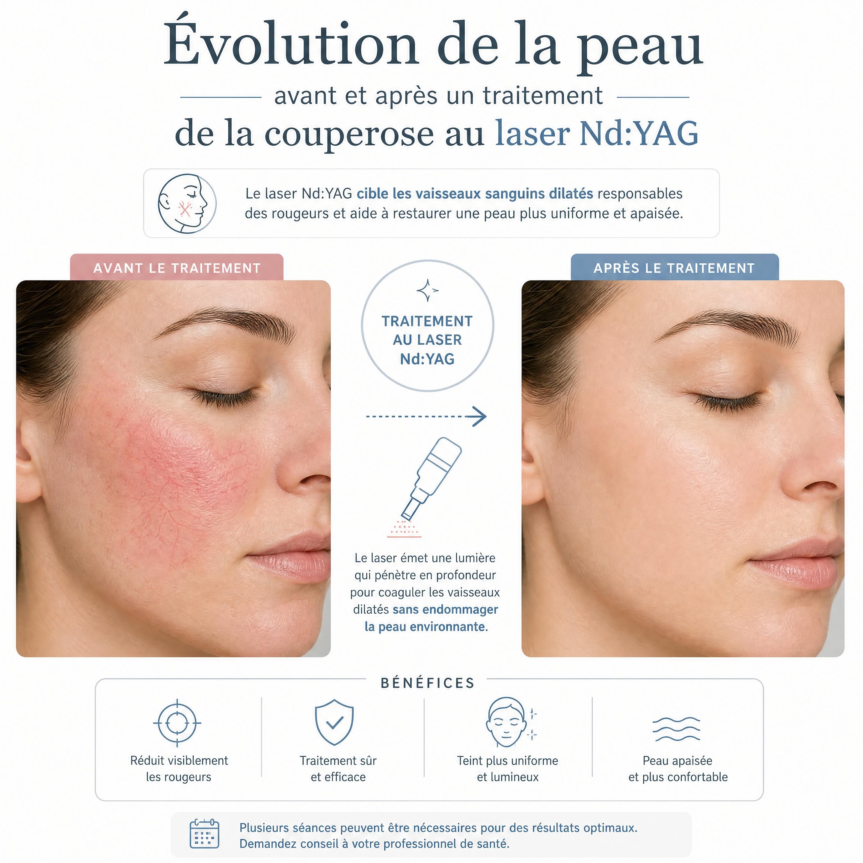 Évolution de la peau avant et après un traitement de la couperose au laser Nd:YAG