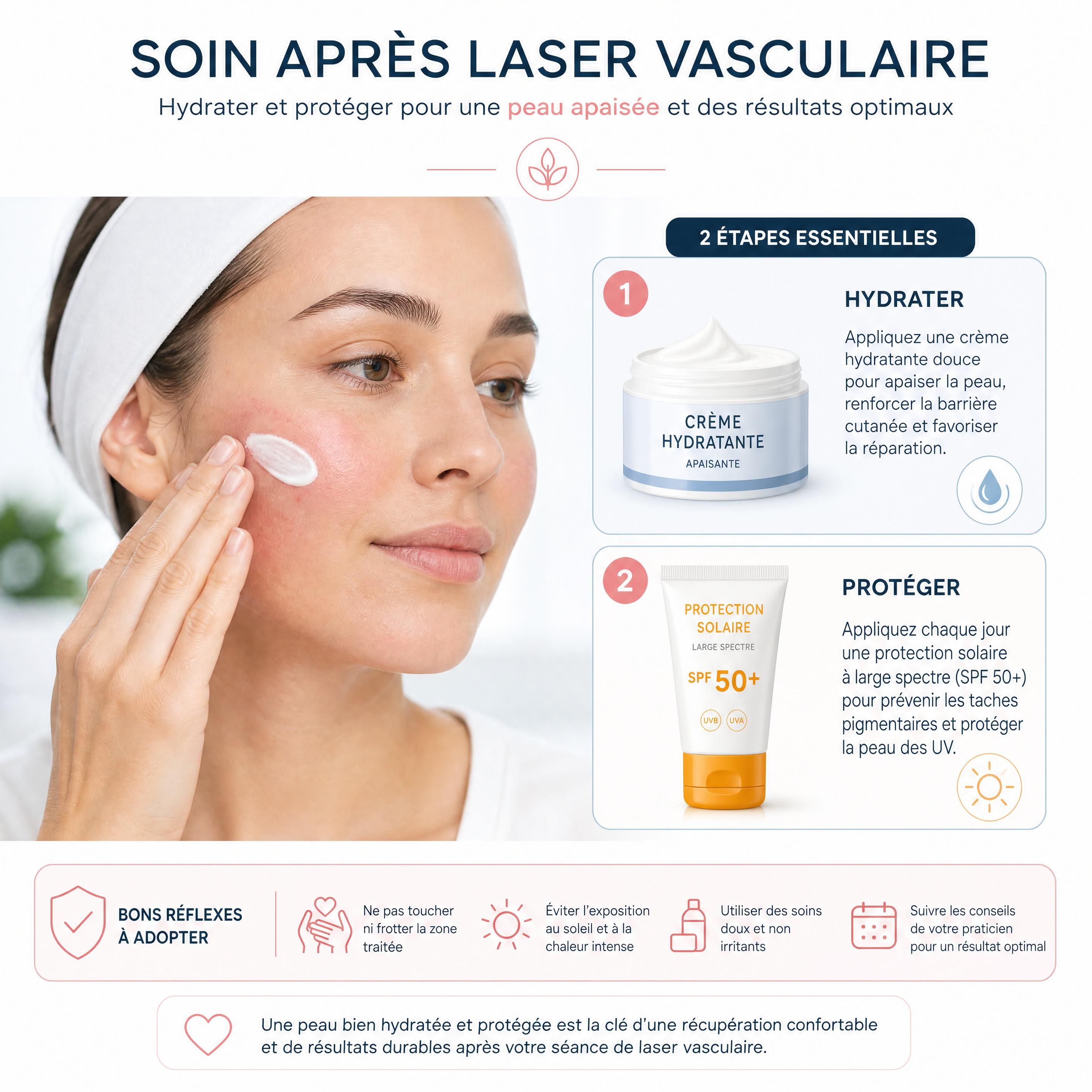 Application d'une crème hydratante et d'une protection solaire après une séance de laser vasculaire