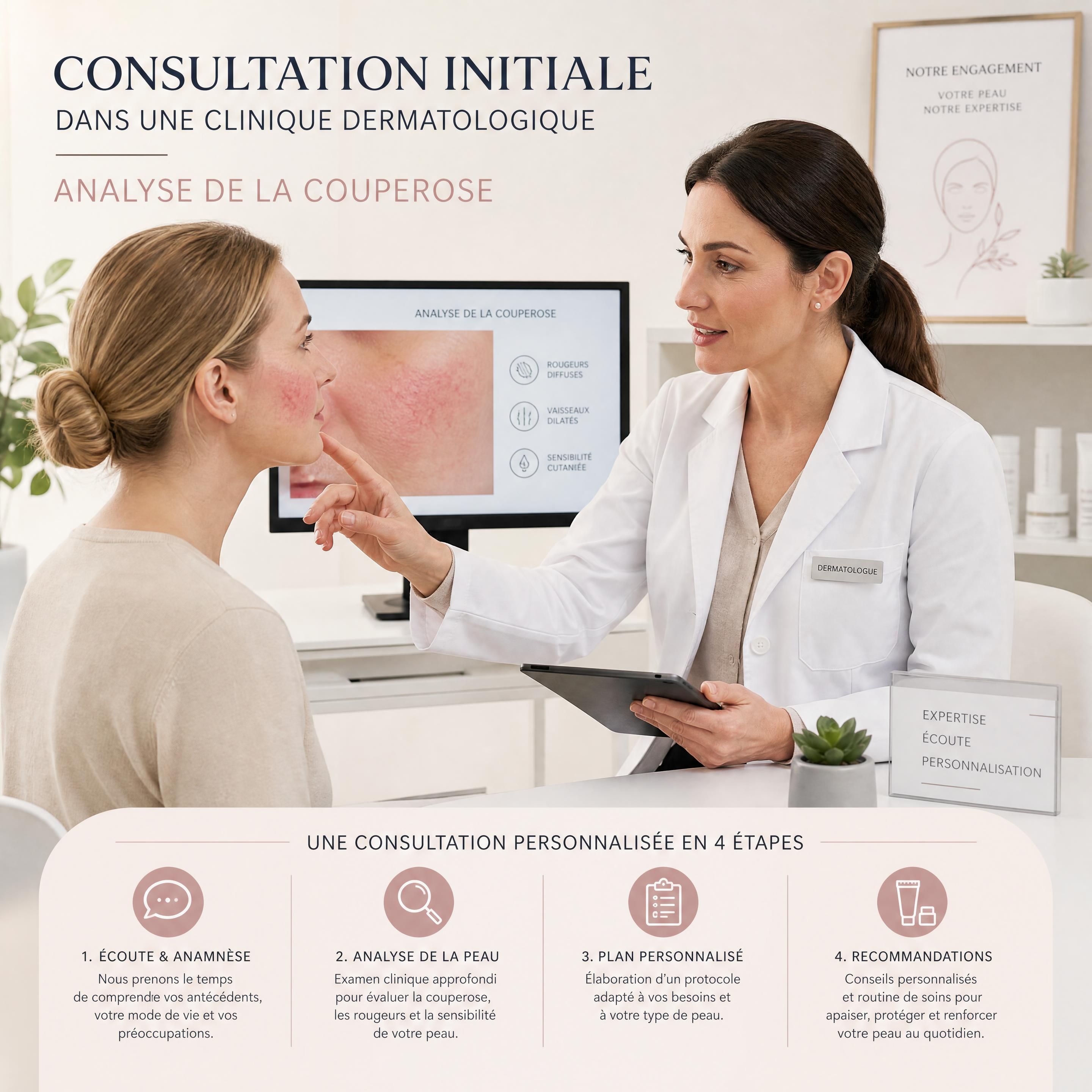 Consultation initiale dans une clinique dermatologique pour l'analyse de la couperose