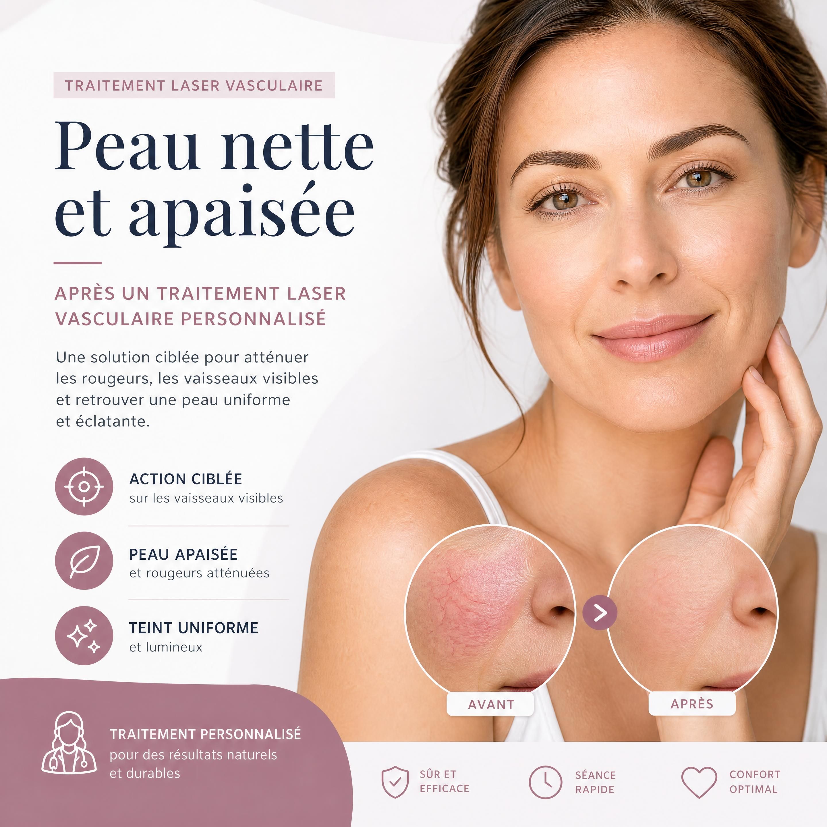 Peau nette et apaisée après un traitement laser vasculaire personnalisé