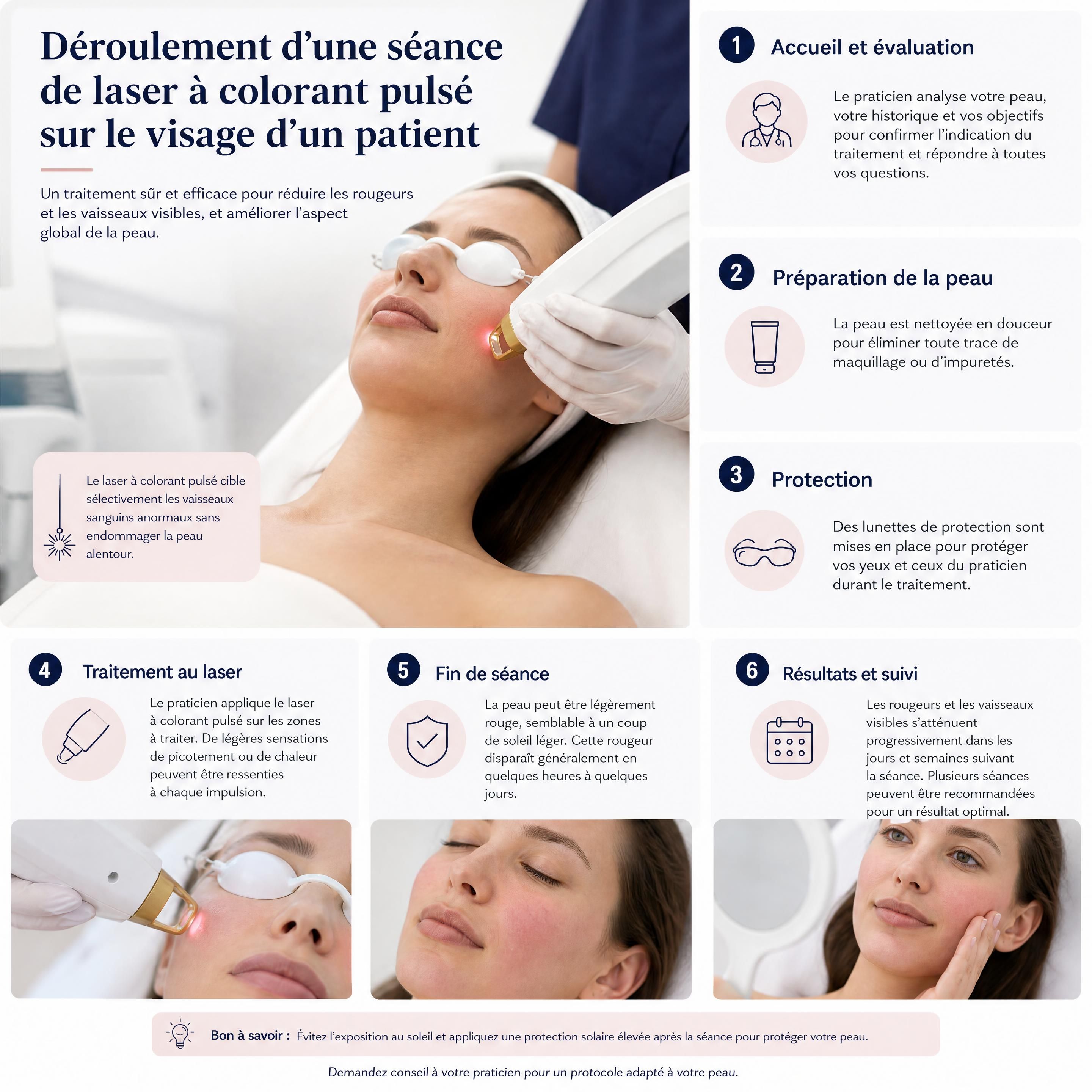 Déroulement d'une séance de laser à colorant pulsé sur le visage d'un patient