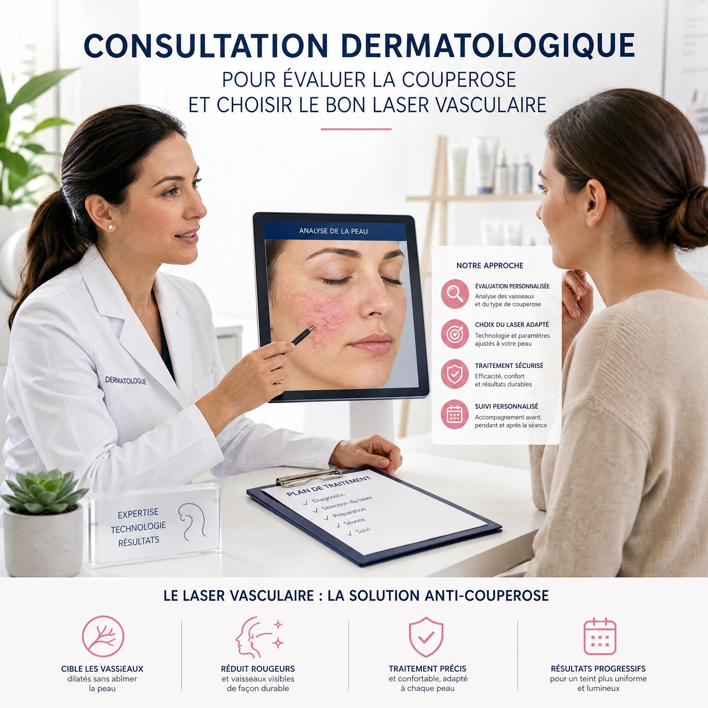 Consultation dermatologique pour évaluer la couperose et choisir le bon laser vasculaire