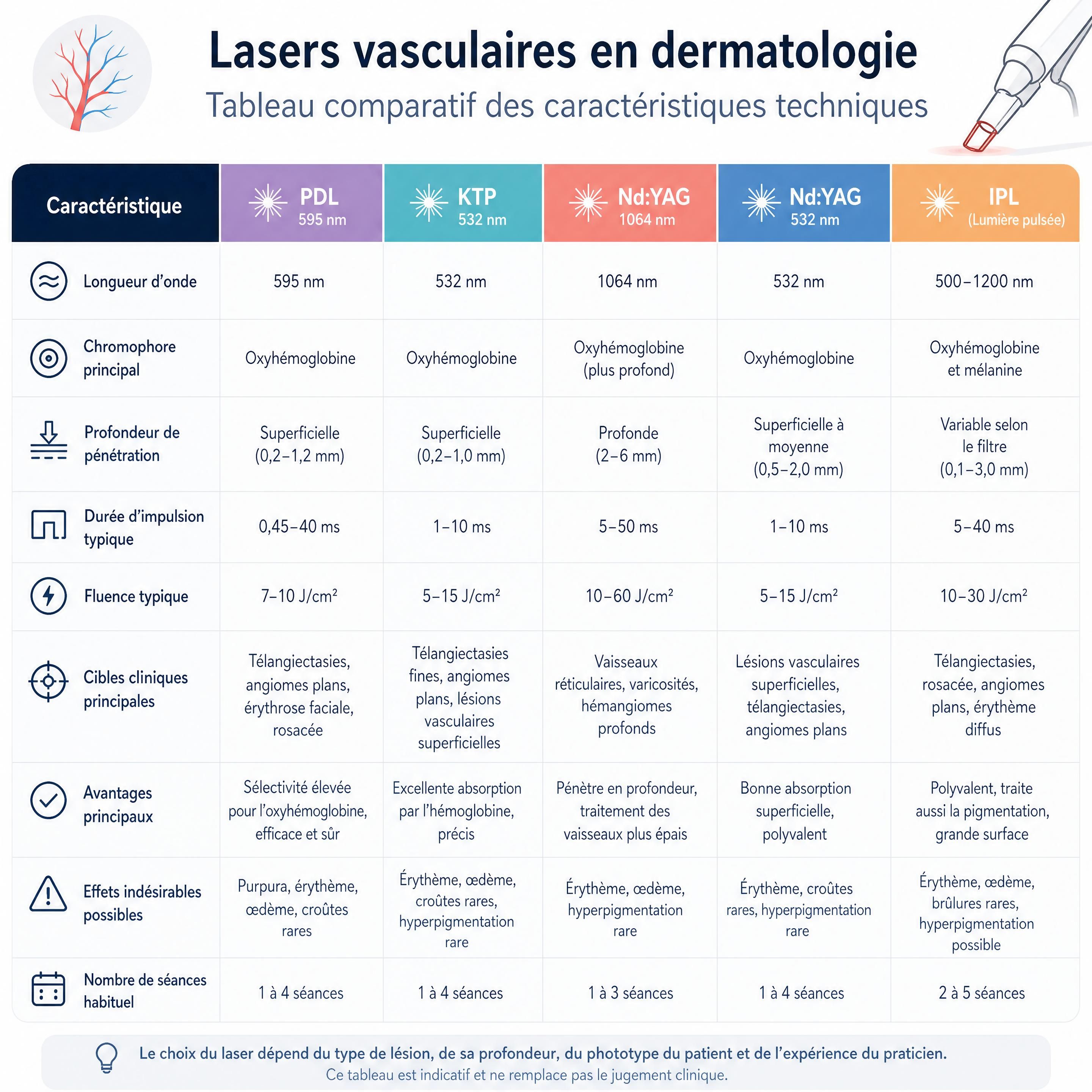 Tableau comparatif des caractéristiques techniques des lasers vasculaires en dermatologie