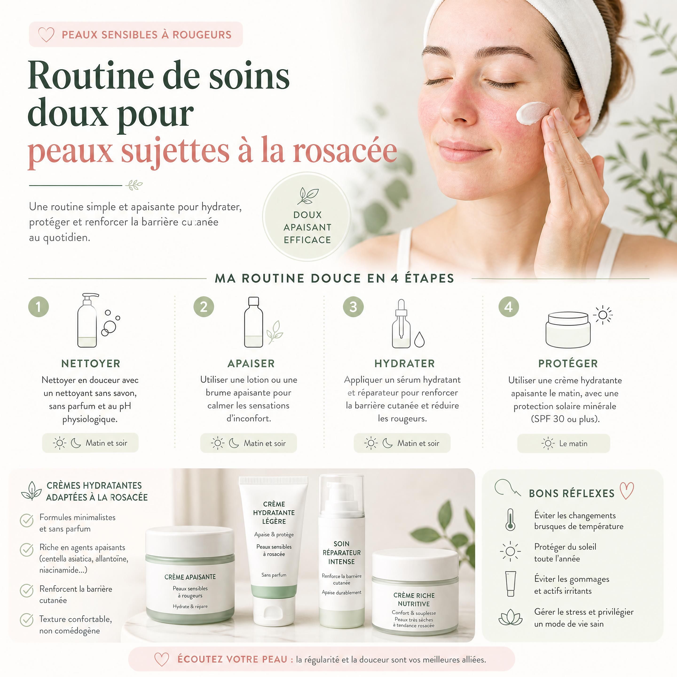 Routine de soins dermatologiques doux et crèmes hydratantes adaptées aux peaux sujettes à la rosacée