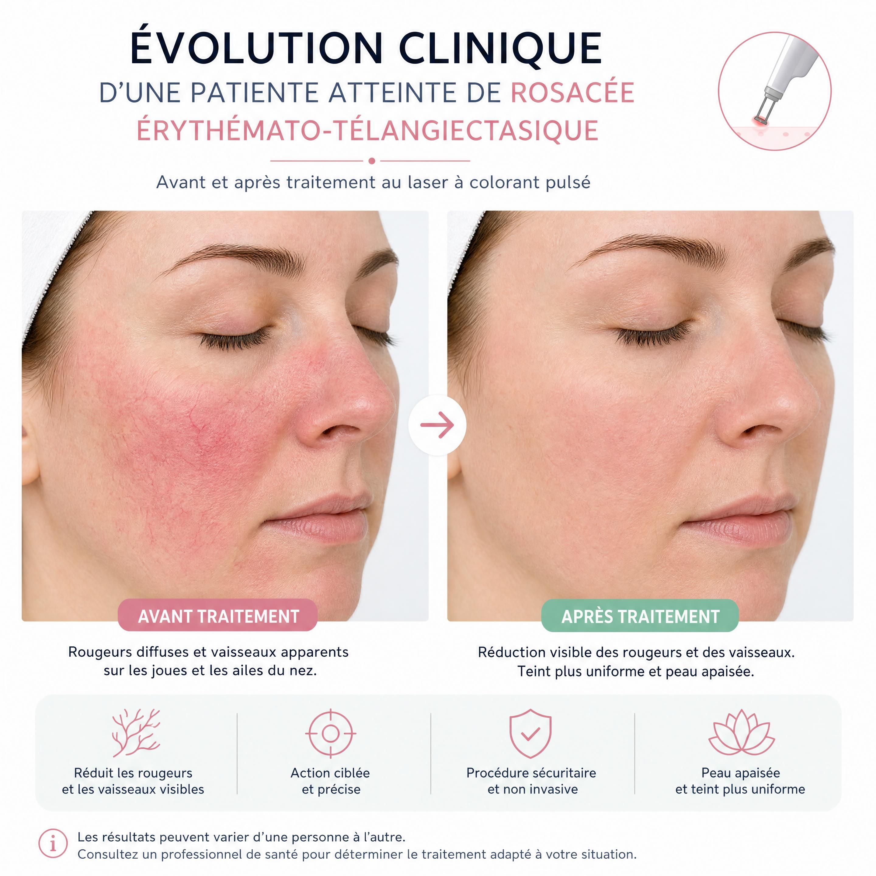 Évolution clinique d'une patiente atteinte de rosacée érythémato-télangiectasique avant et après traitement au laser à colorant pulsé