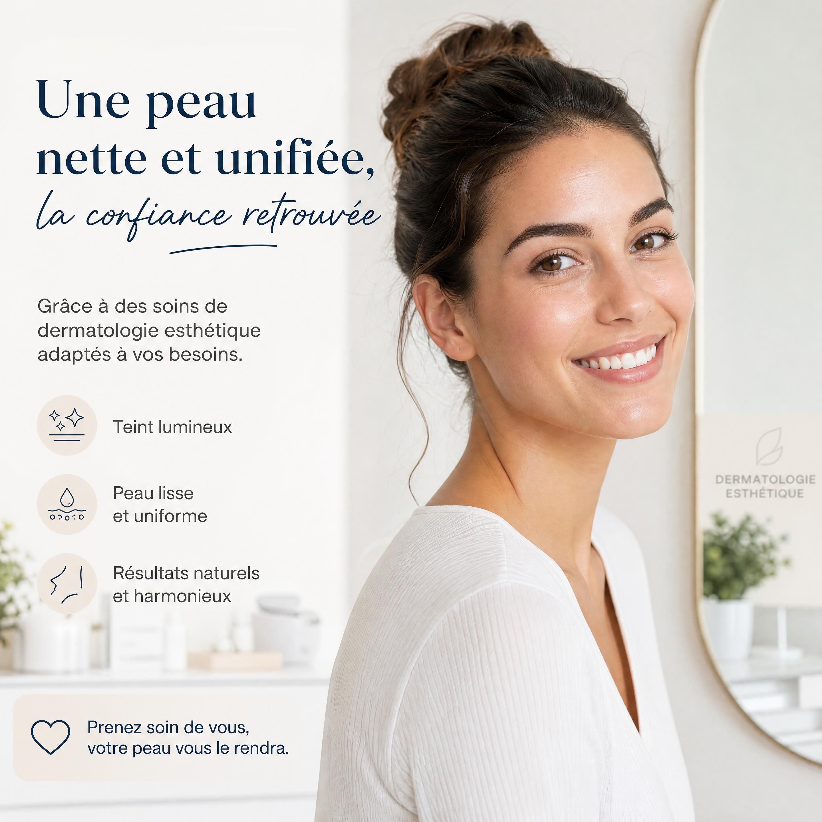 Portrait d'une femme souriante à la peau nette et unifiée après ses séances de dermatologie esthétique
