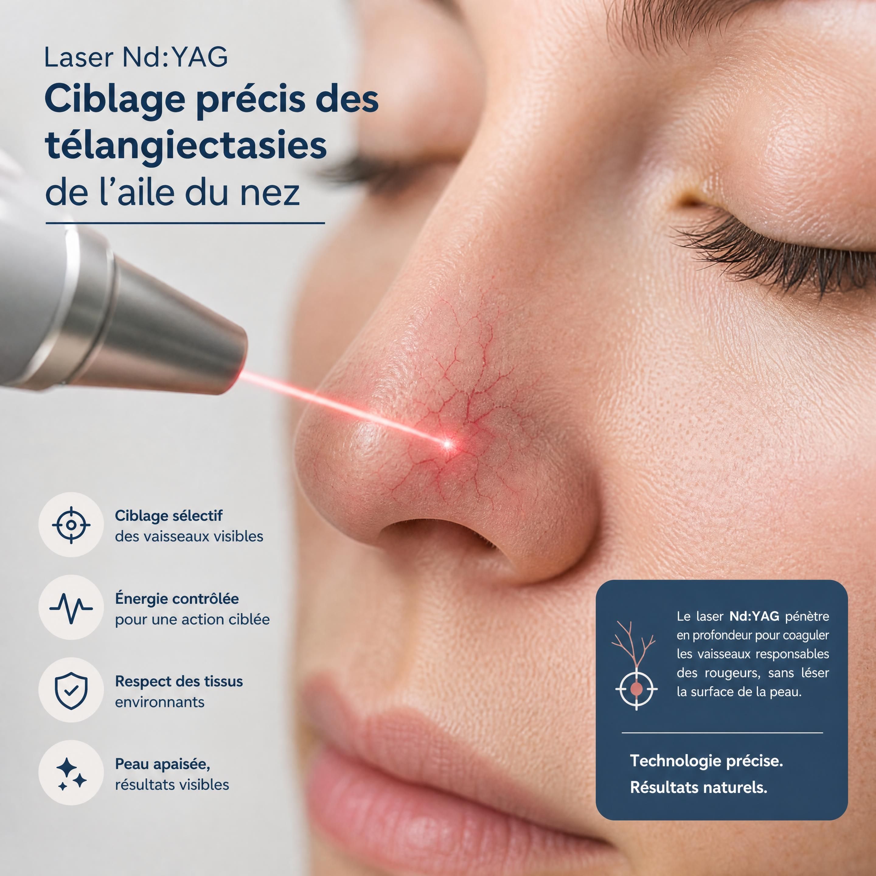 Gros plan sur le ciblage précis des télangiectasies de l'aile du nez par un faisceau laser Nd:YAG
