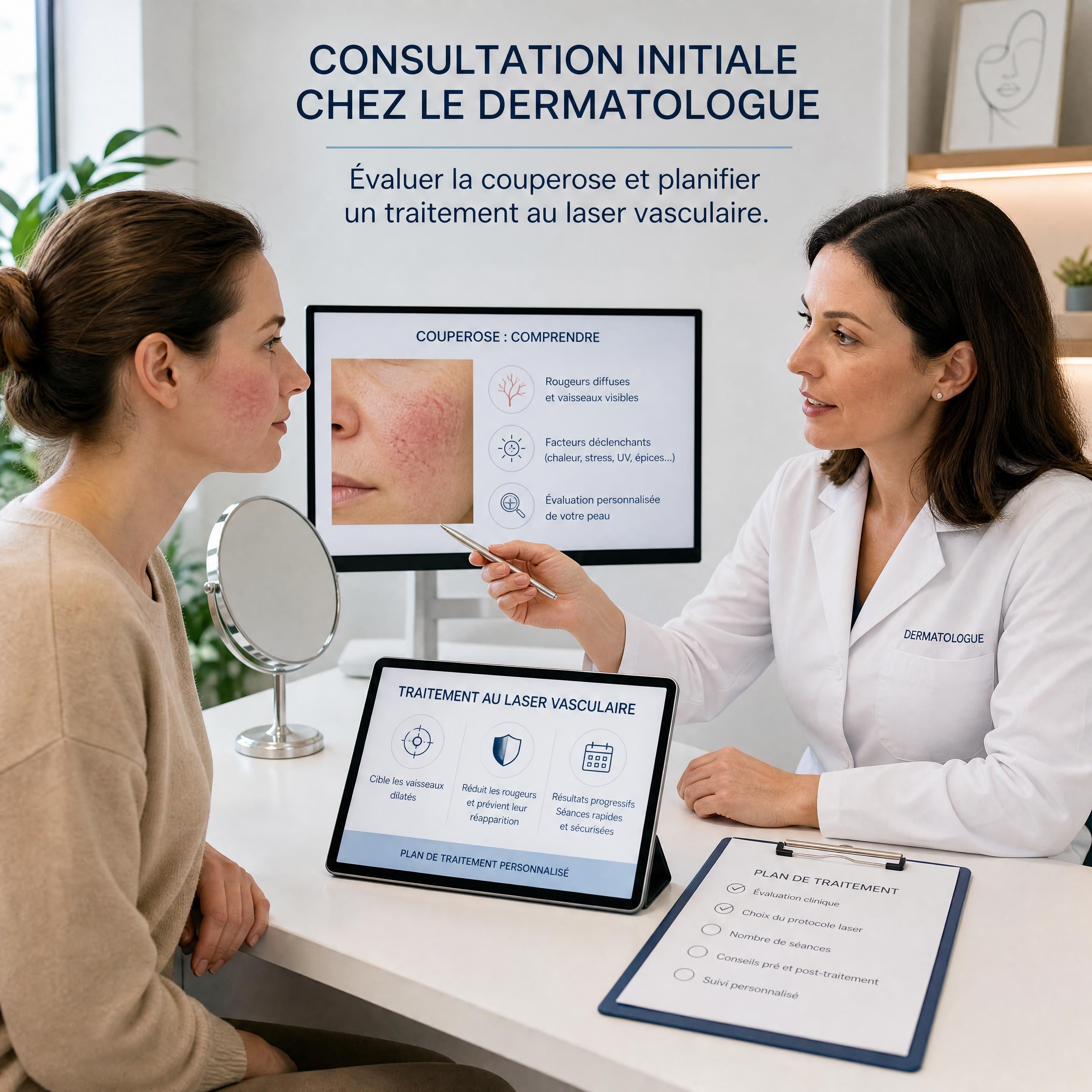 Consultation initiale chez un dermatologue pour évaluer la couperose et planifier un traitement au laser vasculaire