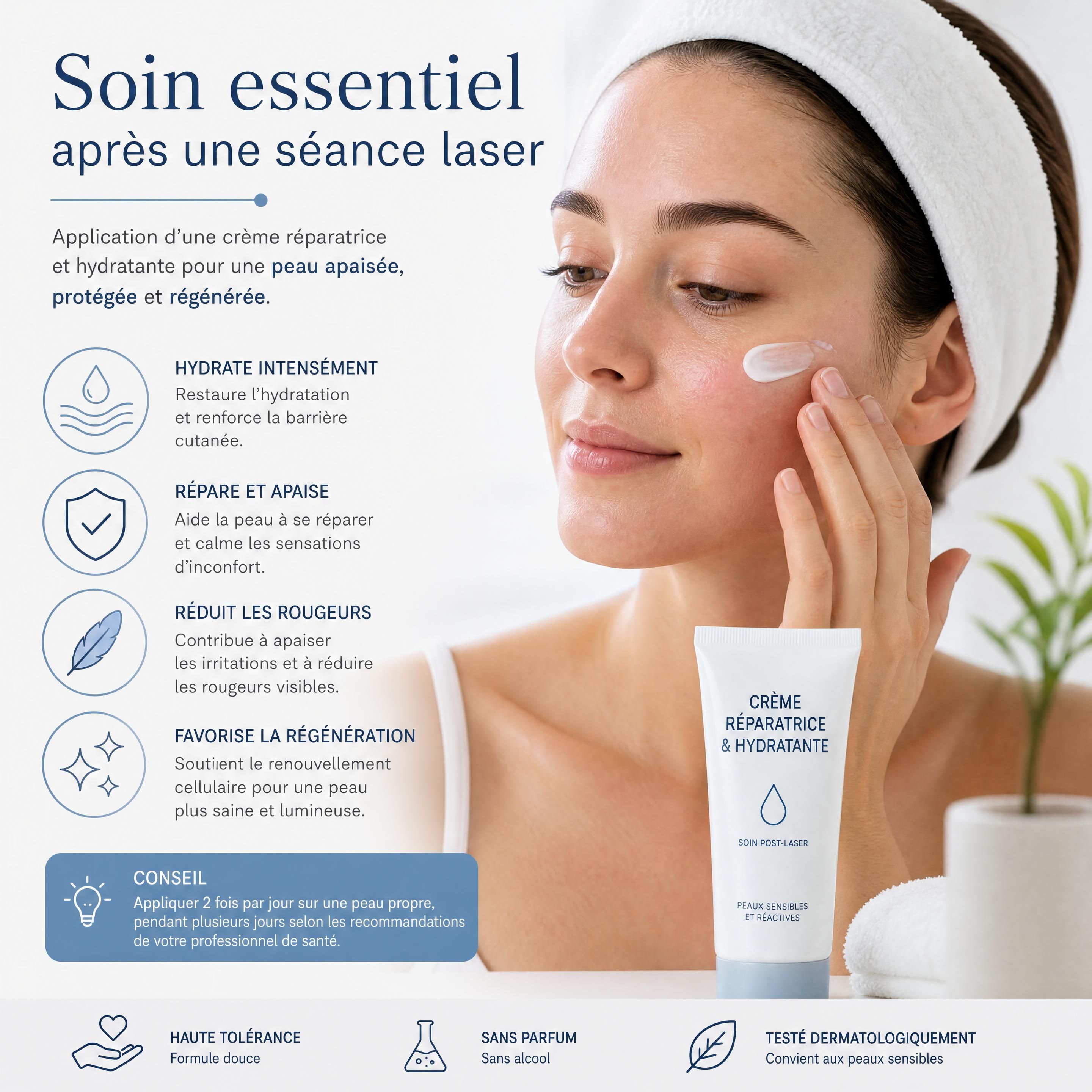 Application d'une crème réparatrice et hydratante post-laser sur une peau apaisée