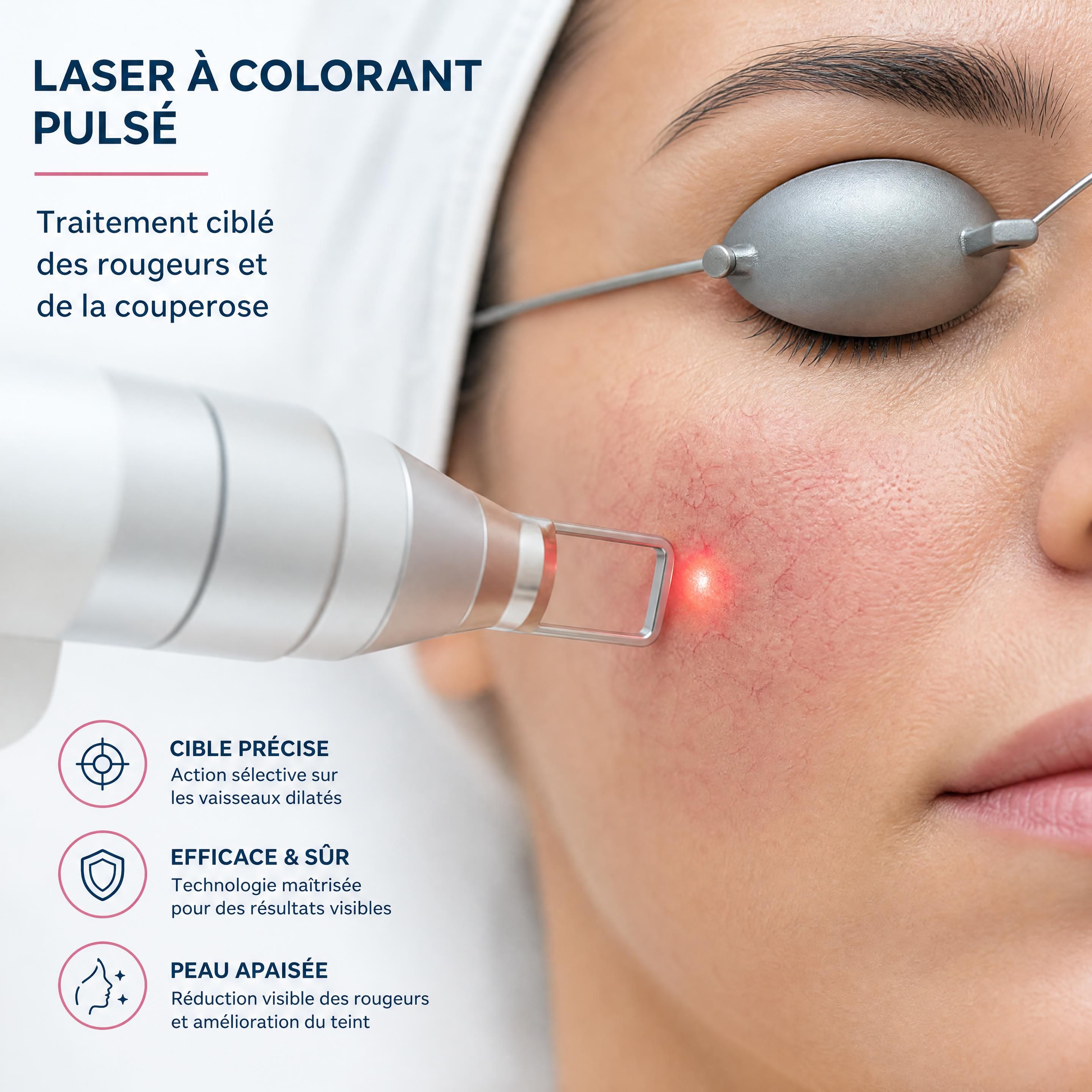 Gros plan sur un appareil de laser à colorant pulsé ciblant avec précision une zone présentant de la couperose