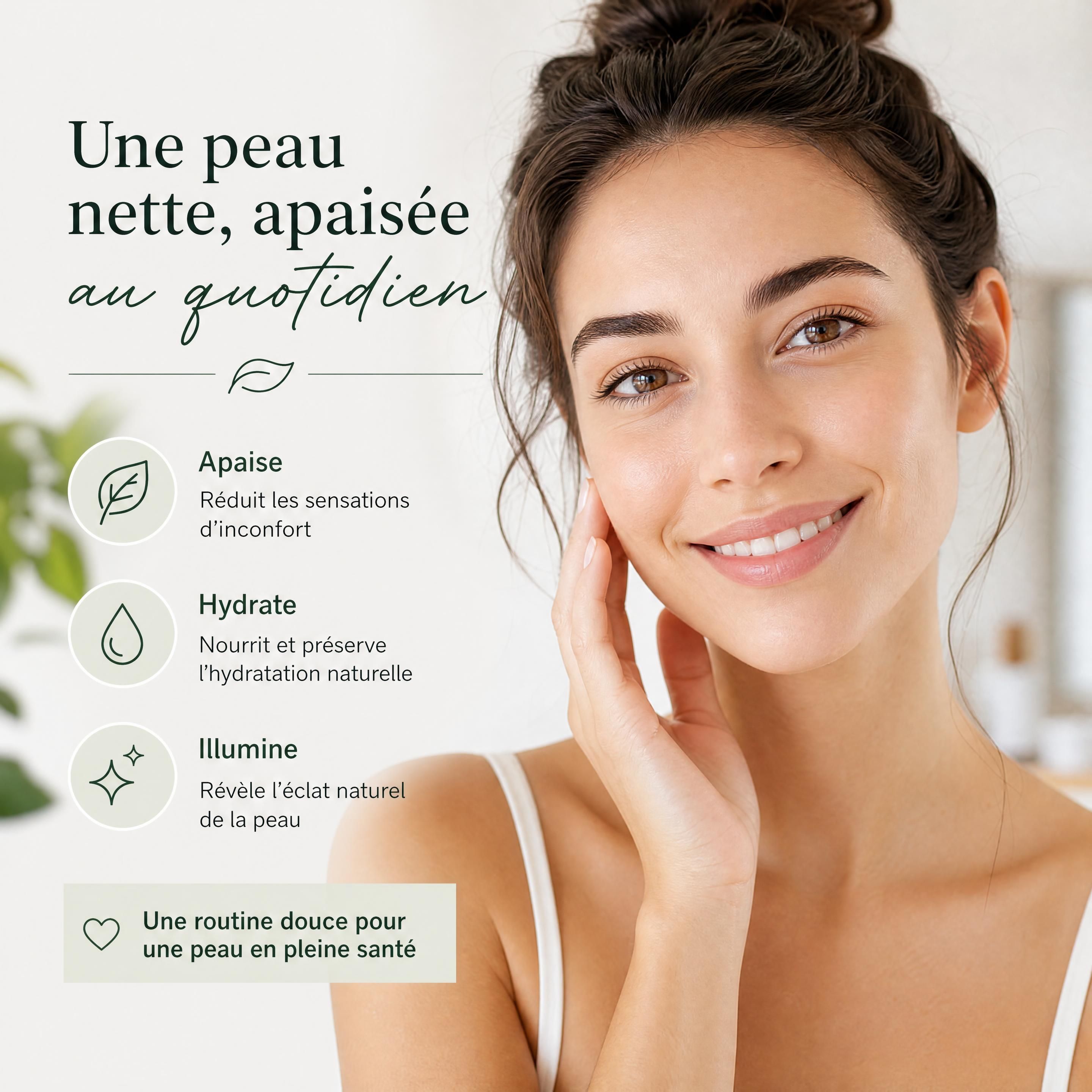 Portrait d'une personne souriante montrant une peau du visage nette, apaisée et sans rougeurs