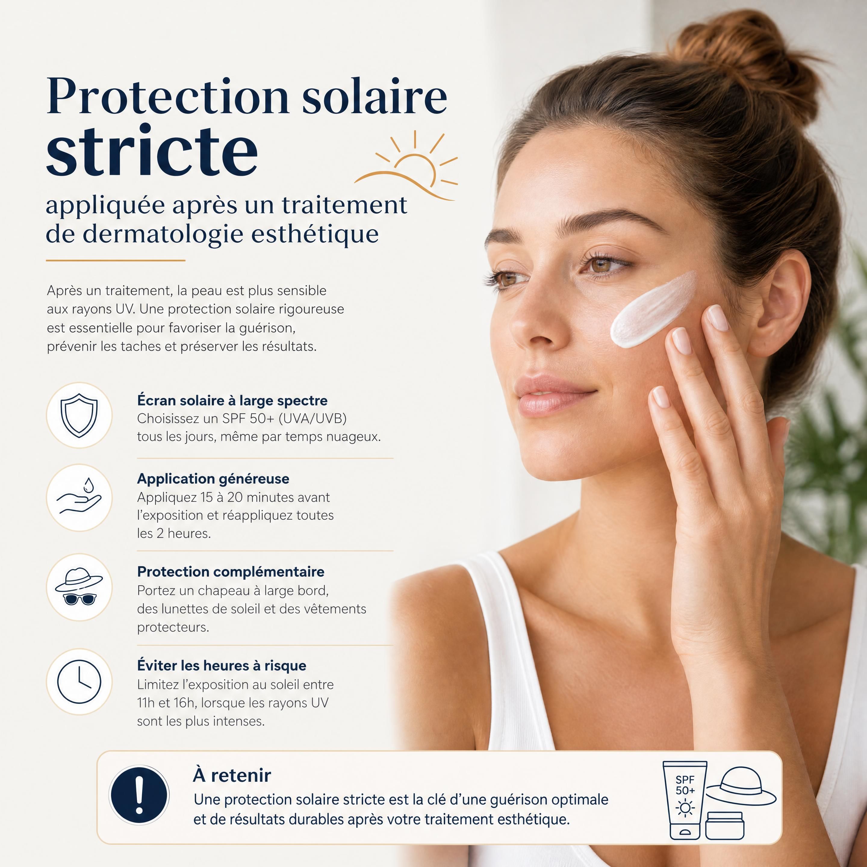 Protection solaire stricte appliquée après un traitement de dermatologie esthétique