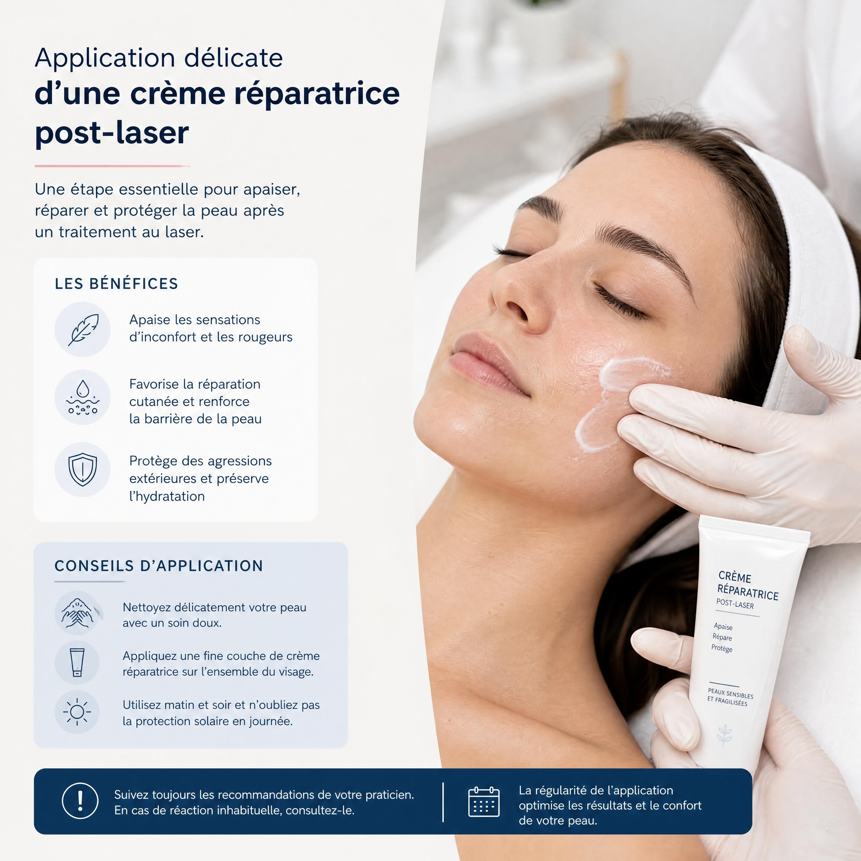 Application délicate d'une crème réparatrice post-laser sur le visage d'une personne
