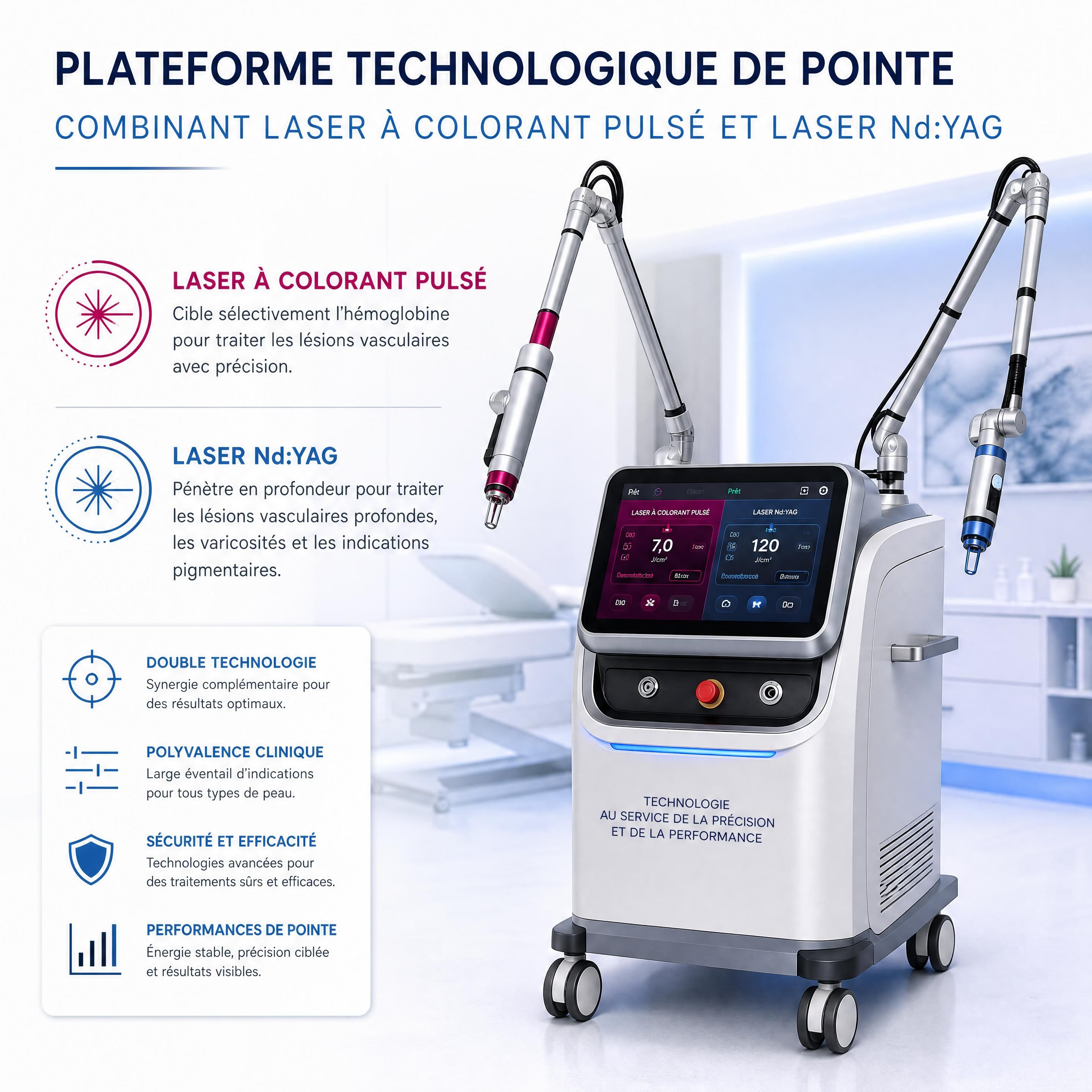 Plateforme technologique de pointe combinant laser à colorant pulsé et laser Nd:YAG