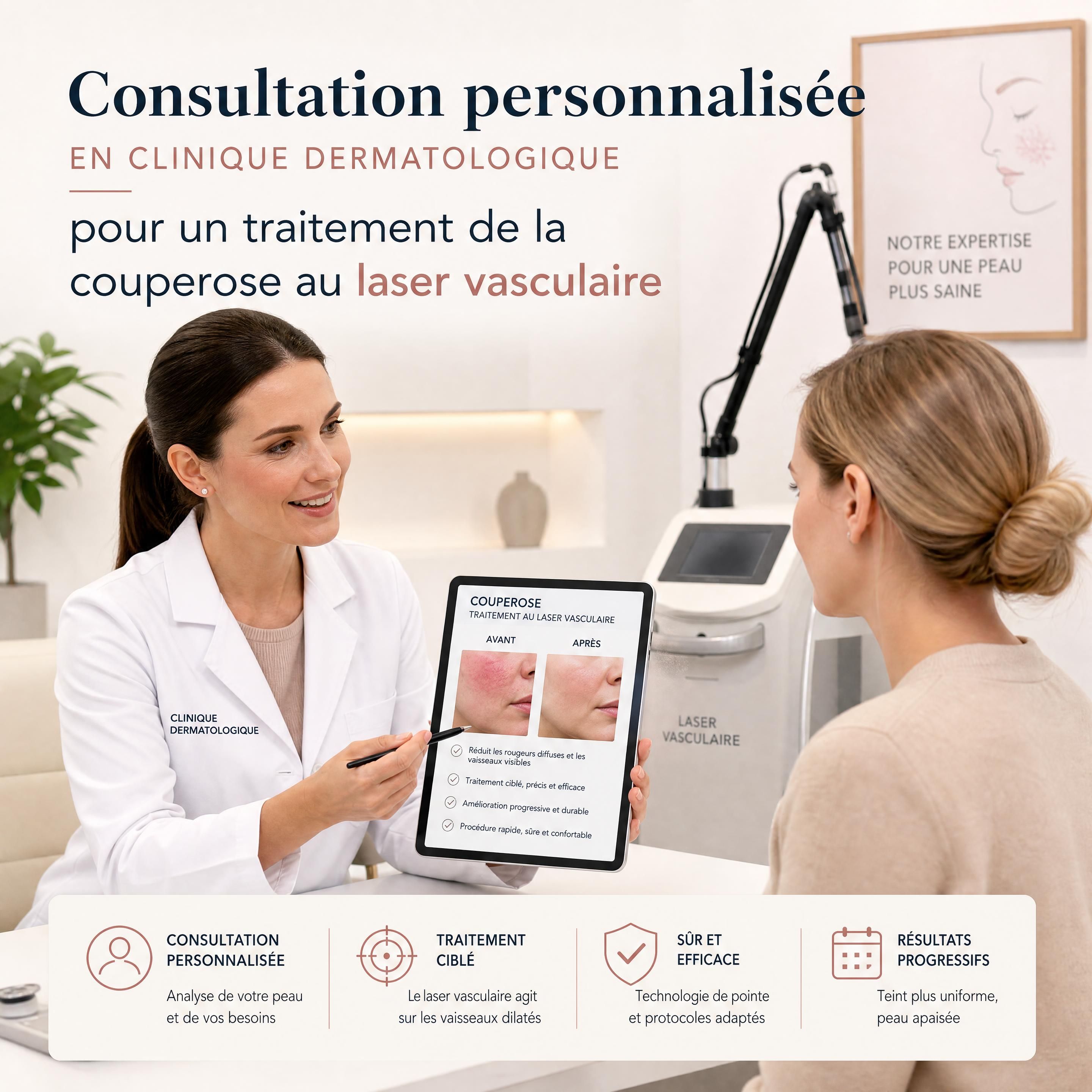 Consultation personnalisée en clinique dermatologique pour un traitement de la couperose au laser vasculaire