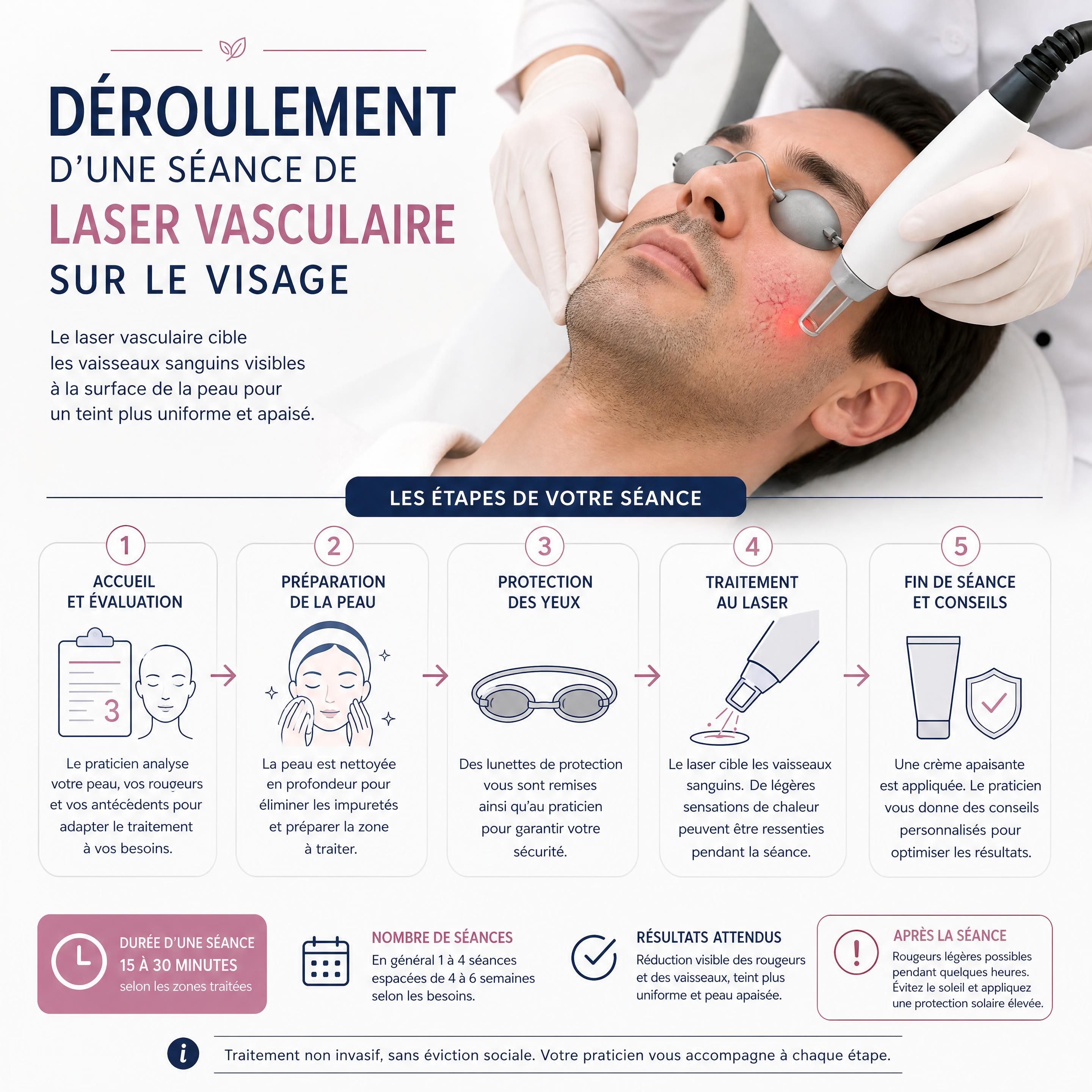 Déroulement d'une séance de laser vasculaire sur le visage d'un patient