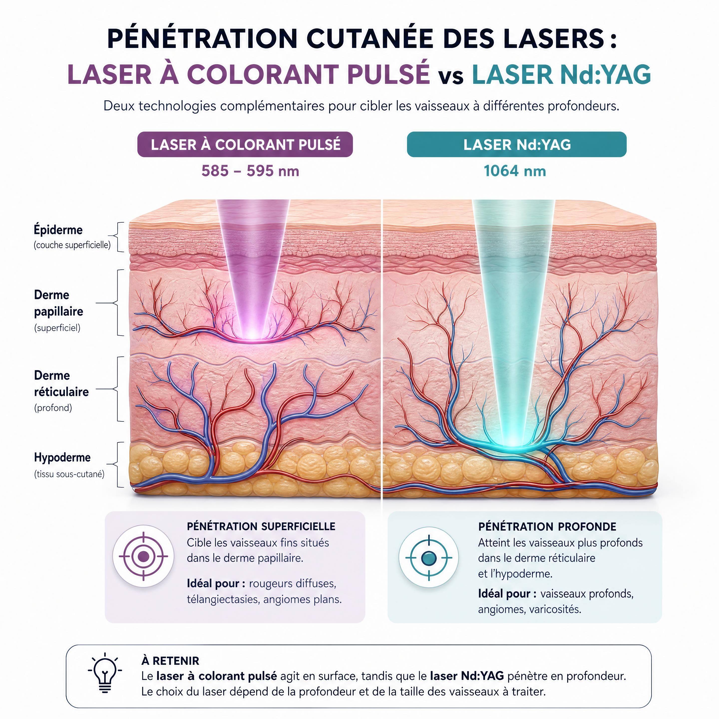 Illustration comparative de la pénétration cutanée des longueurs d'ondes des lasers à colorant pulsé et Nd:YAG