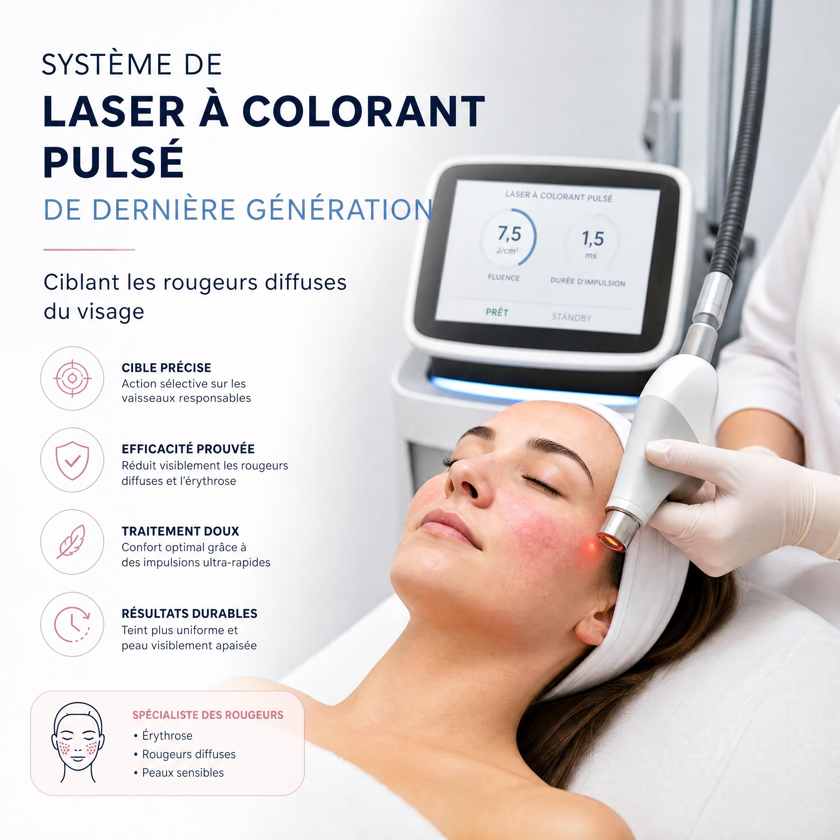 Système de laser à colorant pulsé de dernière génération ciblant les rougeurs diffuses du visage