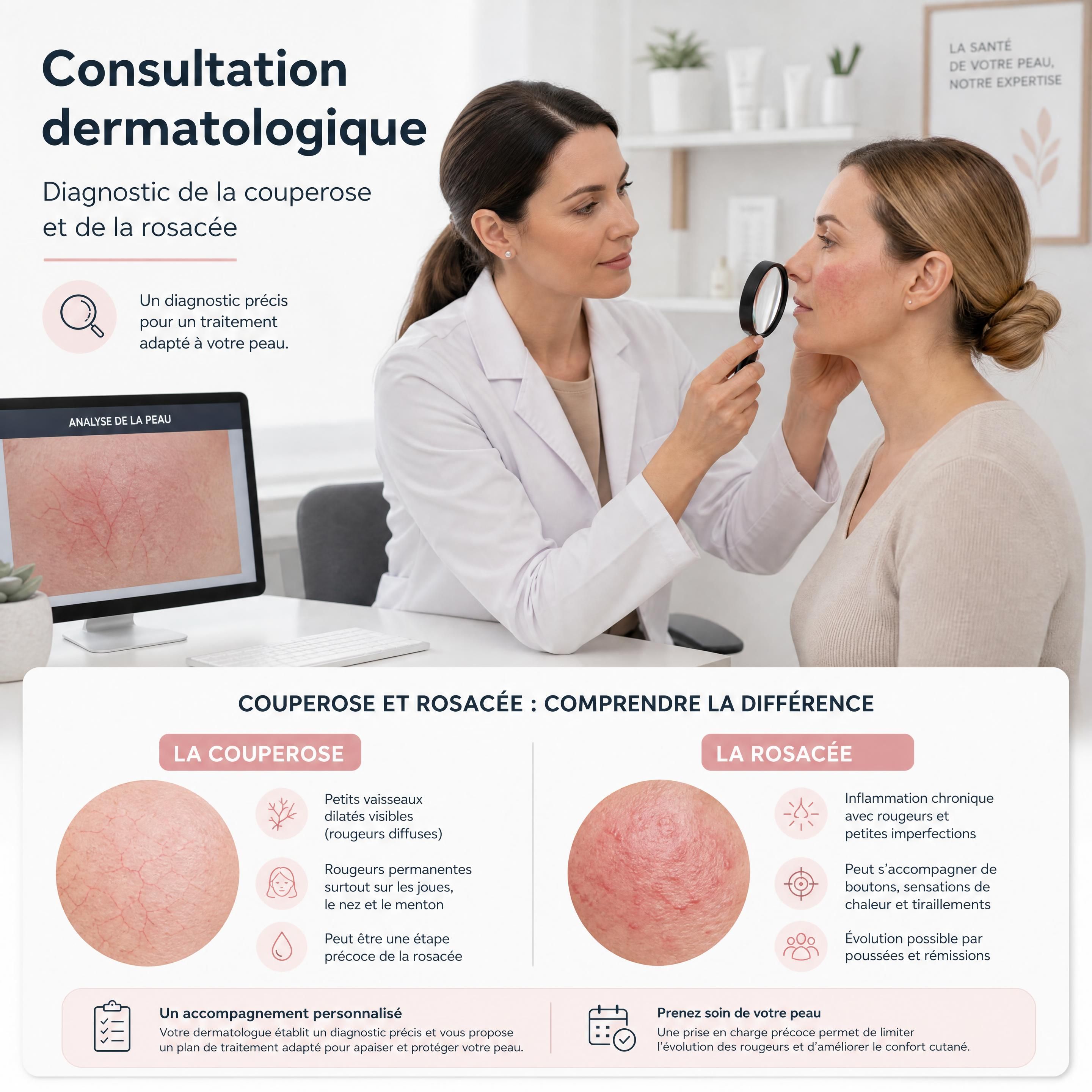 Consultation dermatologique avec diagnostic de la couperose et de la rosacée