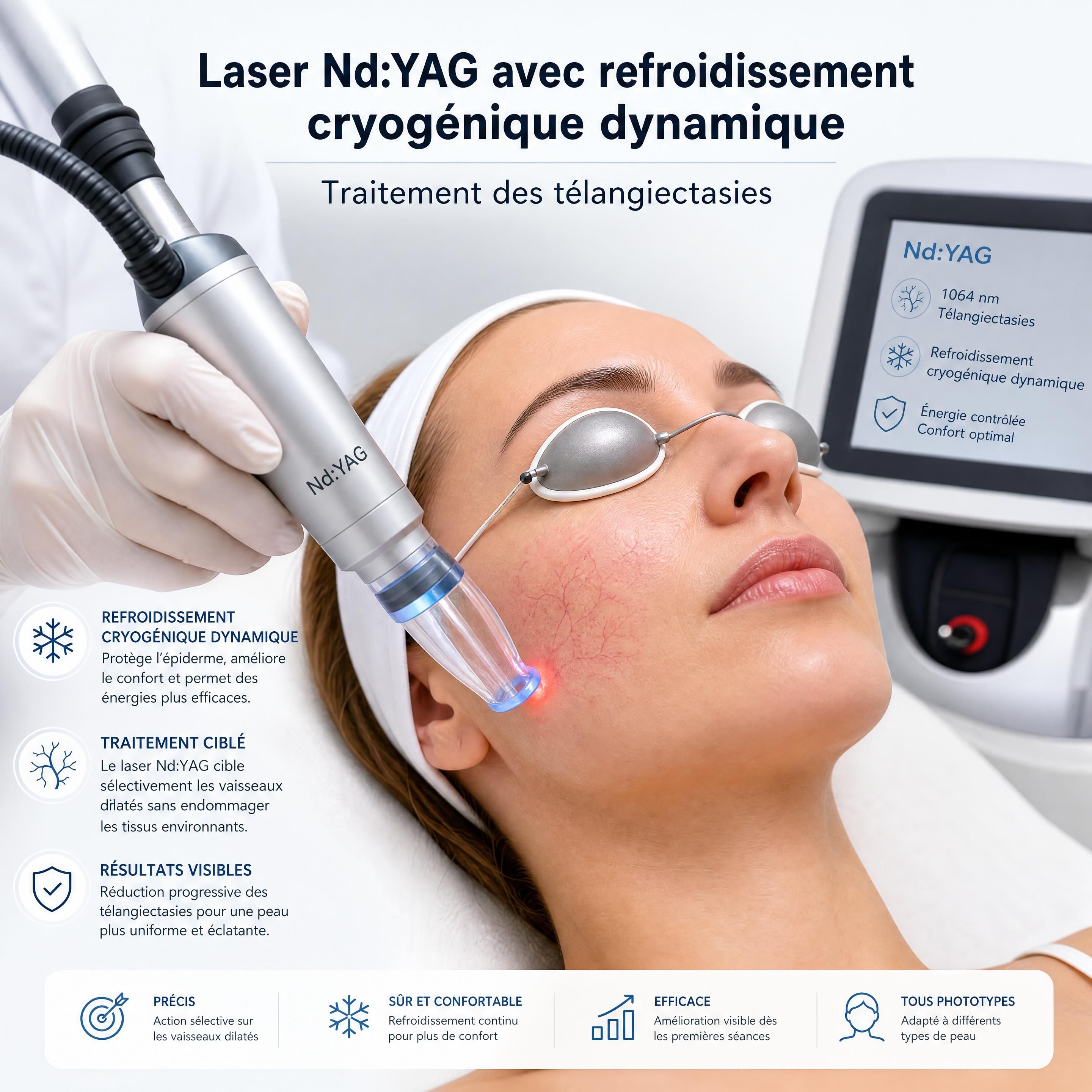 Application d'un laser Nd:YAG équipé d'un embout de refroidissement cryogénique dynamique pour le traitement des télangiectasies
