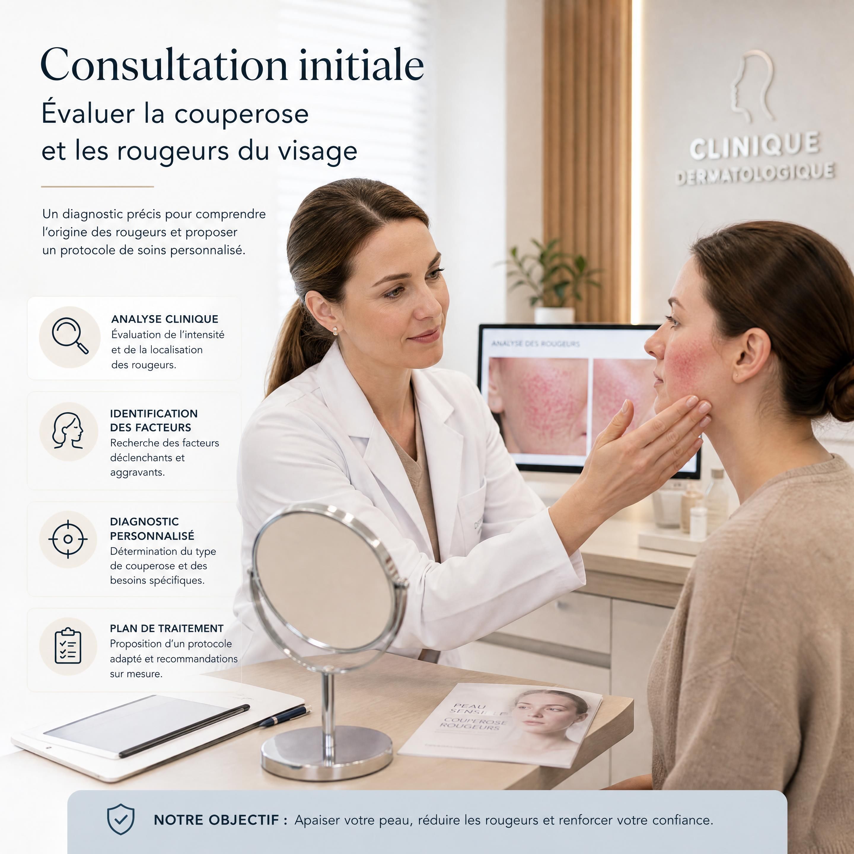 Consultation initiale dans une clinique dermatologique moderne pour évaluer la couperose et les rougeurs du visage
