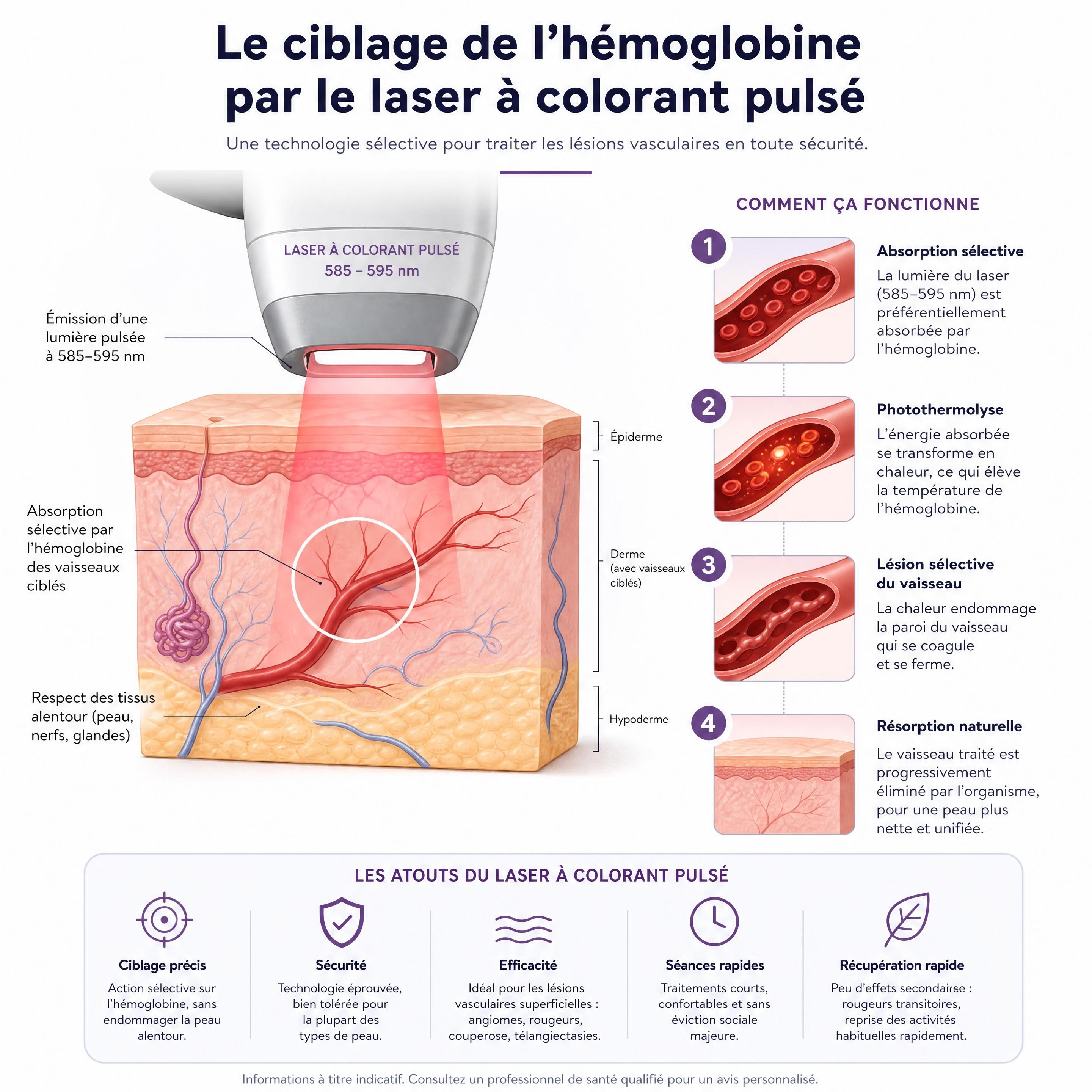 Schéma explicatif du ciblage de l'hémoglobine par le laser à colorant pulsé