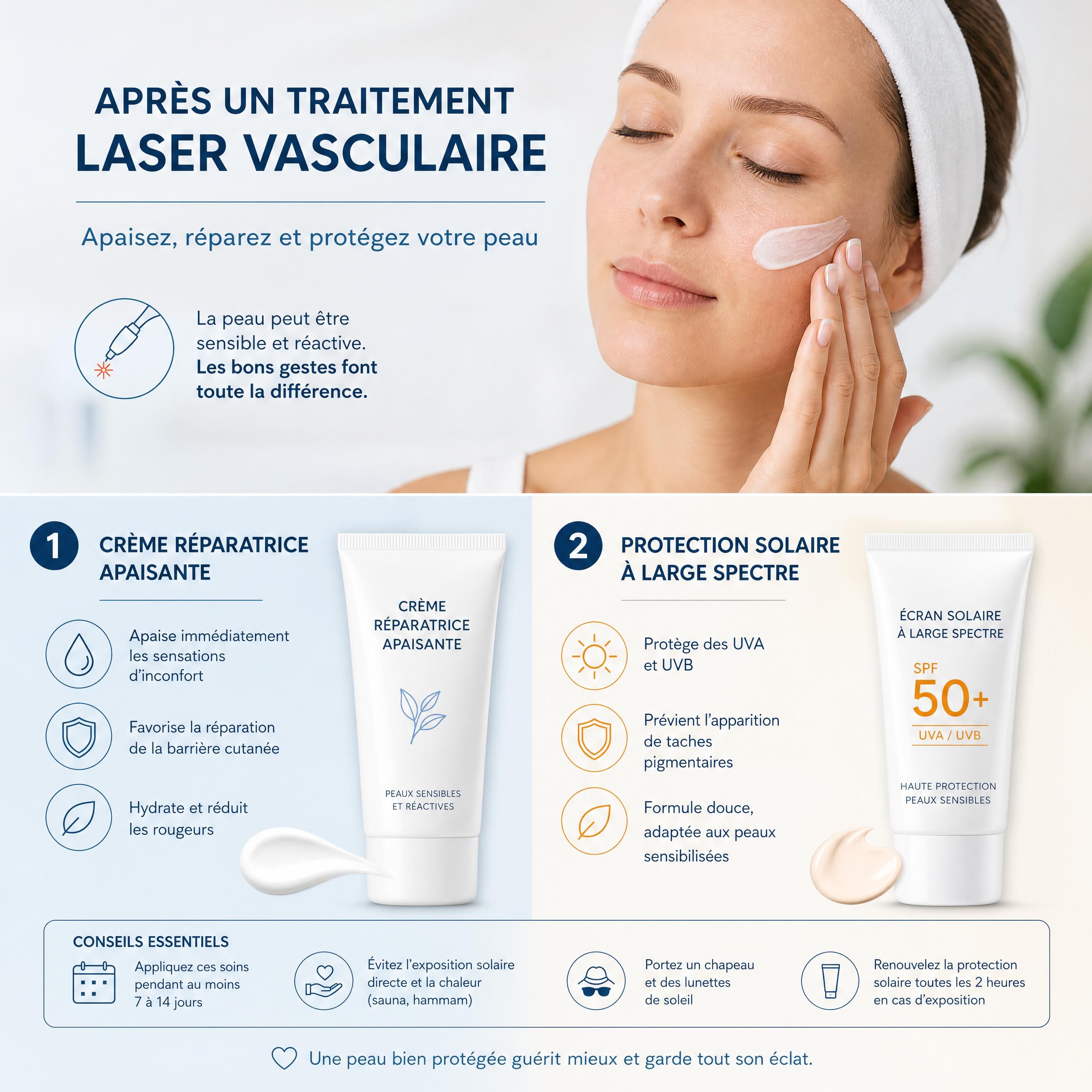 Application d'une crème réparatrice apaisante et d'une protection solaire à large spectre après un traitement laser vasculaire