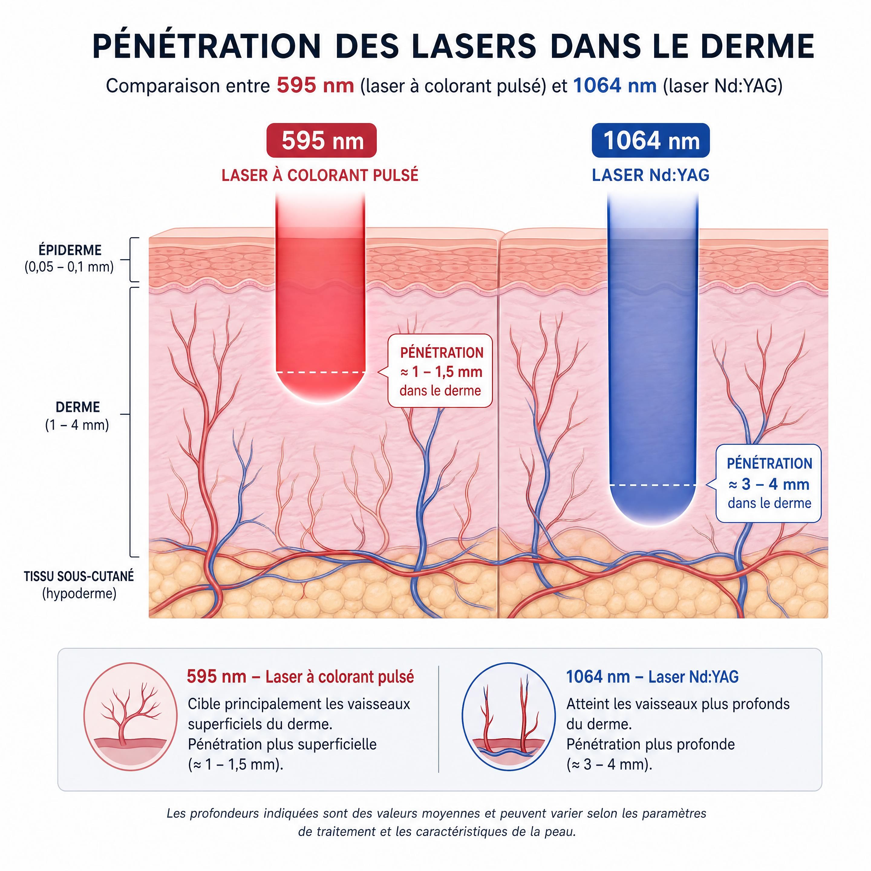 Graphique montrant la différence de pénétration dans le derme entre la longueur d'onde de 595 nm du laser à colorant pulsé et de 1064 nm du laser Nd:YAG
