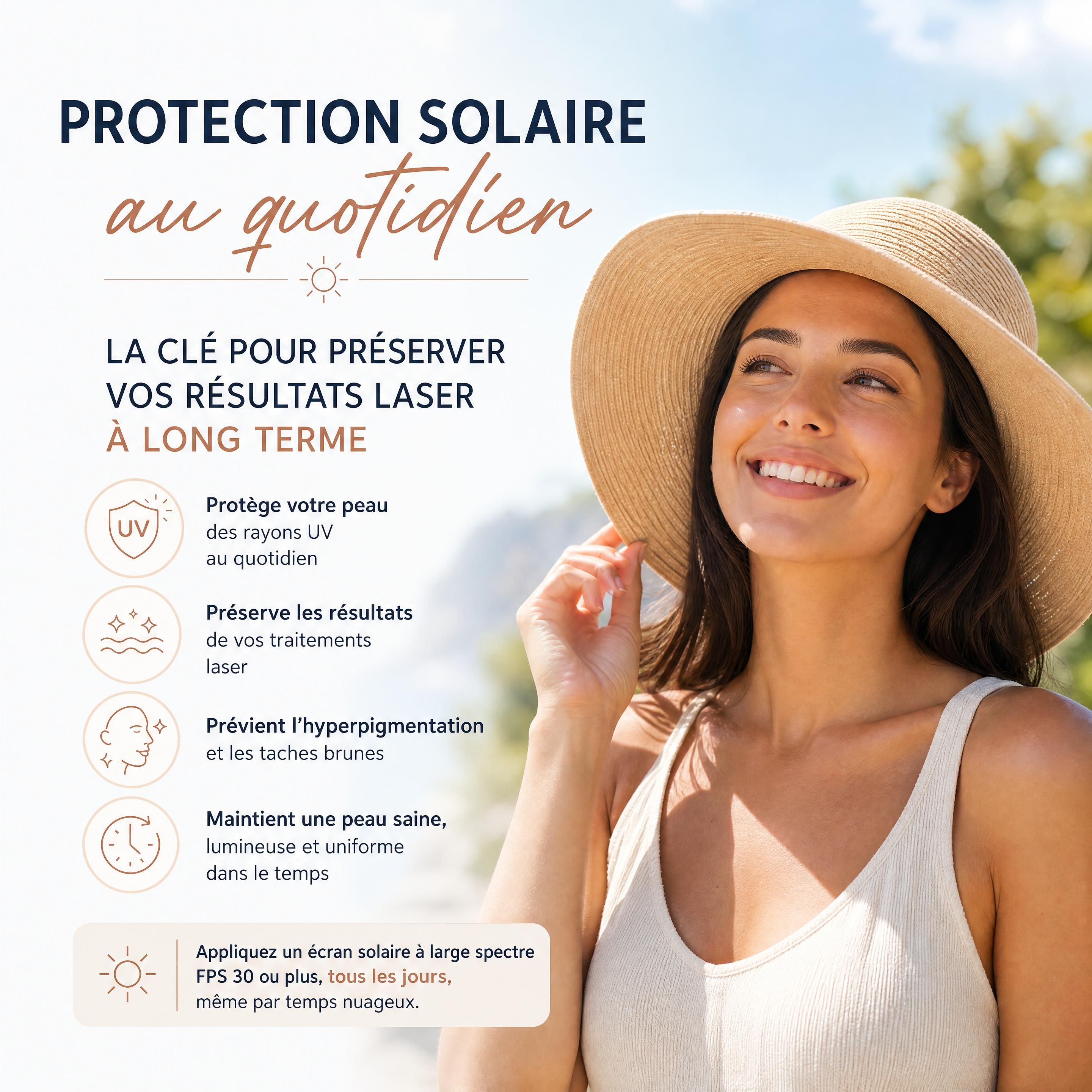Une personne souriante en extérieur, portant un chapeau à larges bords, illustrant l'importance de la protection solaire quotidienne pour préserver les résultats du laser à long terme