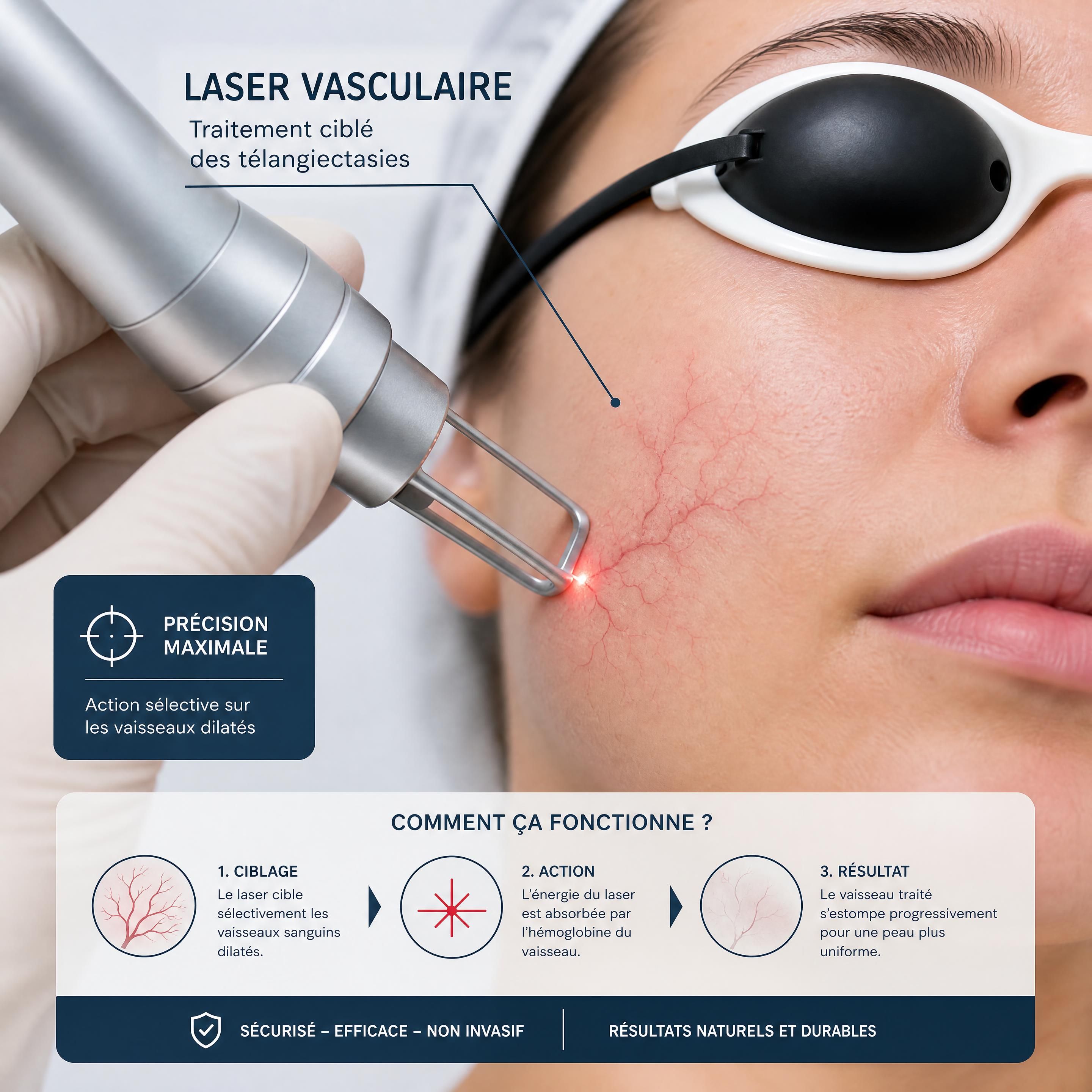 Gros plan technique d'une pièce à main de laser vasculaire ciblant avec précision les télangiectasies sur la peau d'un patient