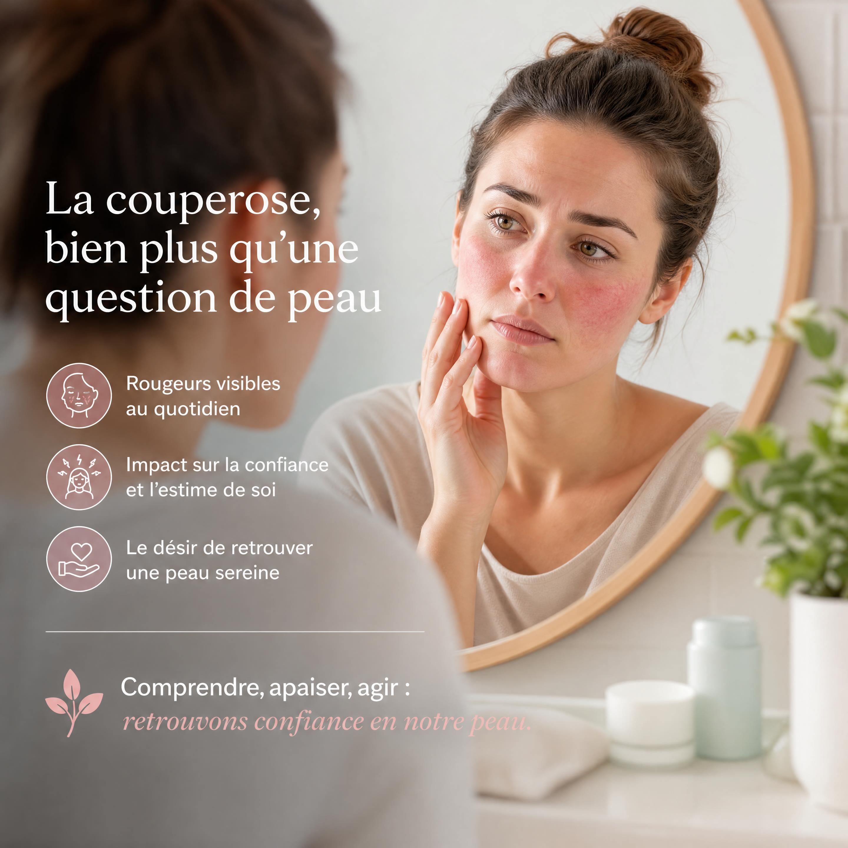 Portrait d'une personne observant ses rougeurs faciales dans un miroir, symbolisant l'impact psychologique de la couperose et le désir de retrouver une peau sereine