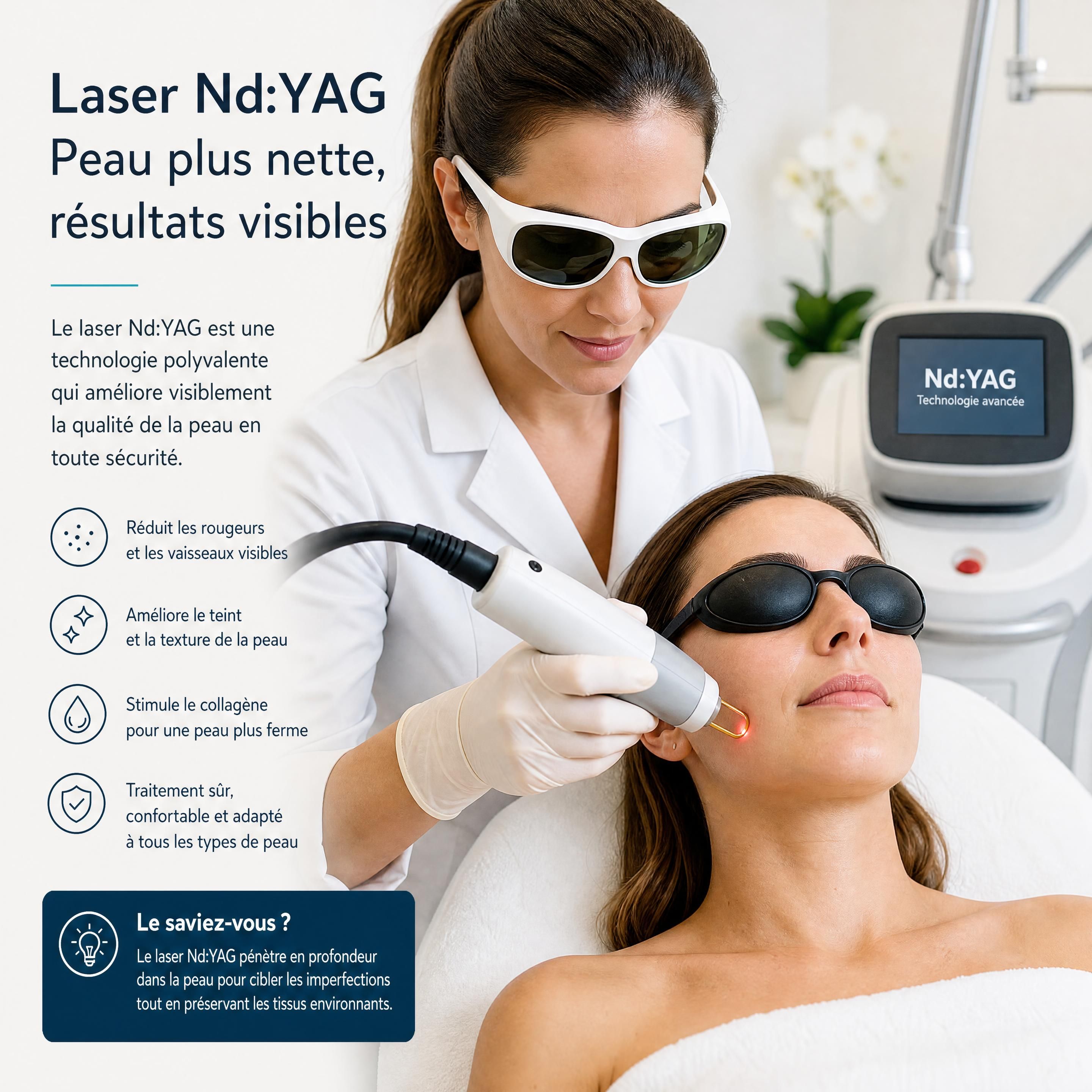 Praticien appliquant un traitement laser Nd:YAG sur les joues d'une patiente équipée de lunettes de protection