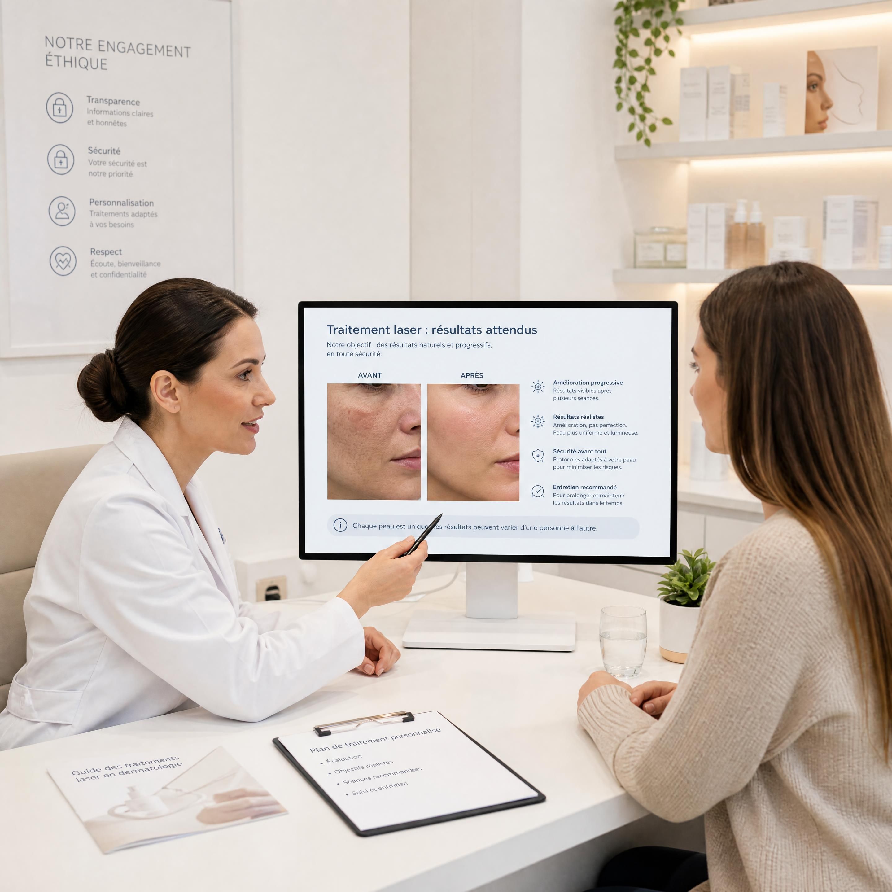 Consultation éthique au sein d'une clinique dermatologique où le praticien explique de manière réaliste les résultats attendus d'un traitement laser à son patient