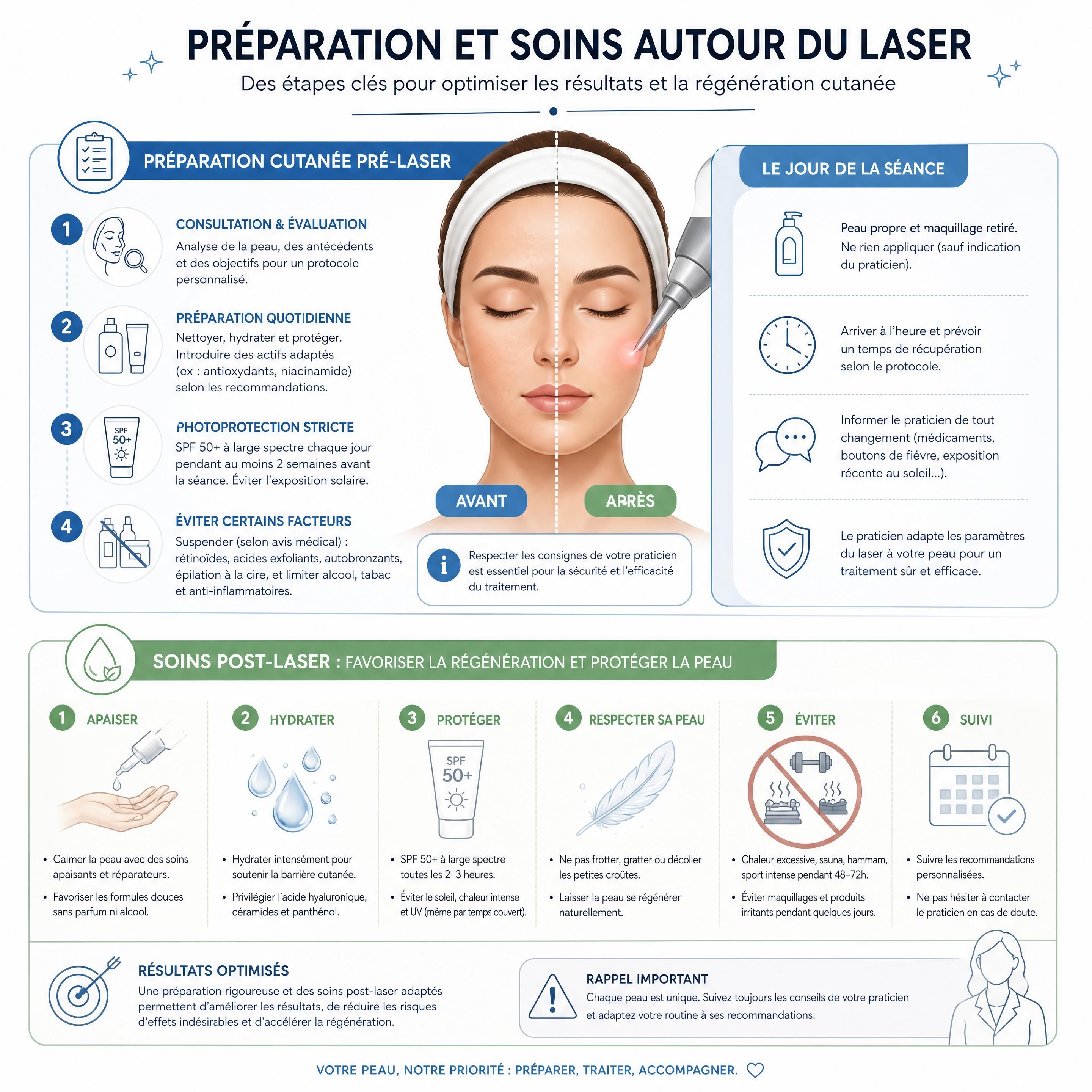 Schéma clinique illustrant les étapes clés de la préparation cutanée pré-laser et les gestes de soins post-laser essentiels pour optimiser la régénération