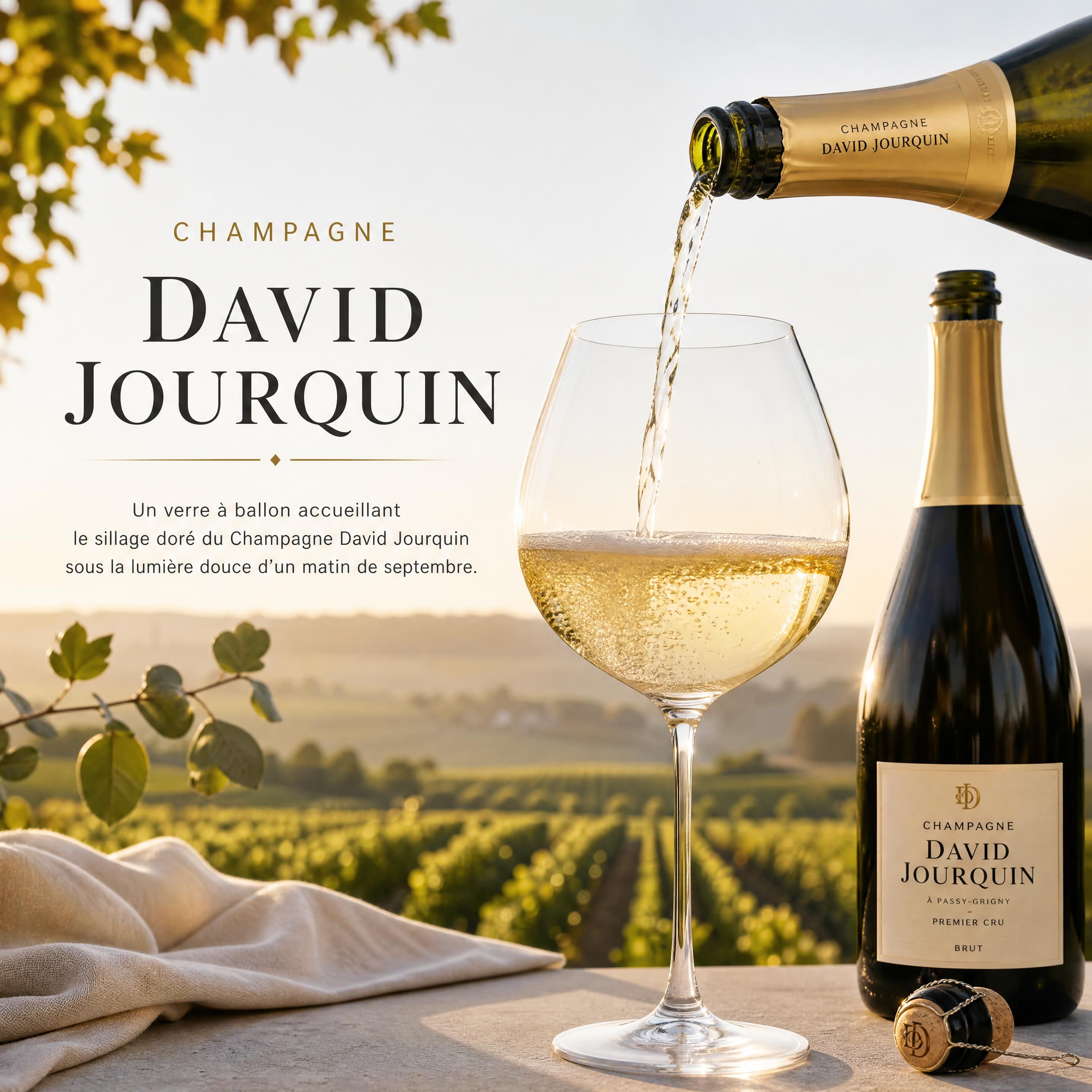 Un verre à ballon accueillant le sillage doré du Champagne David Jourquin sous la lumière douce d'un matin de septembre