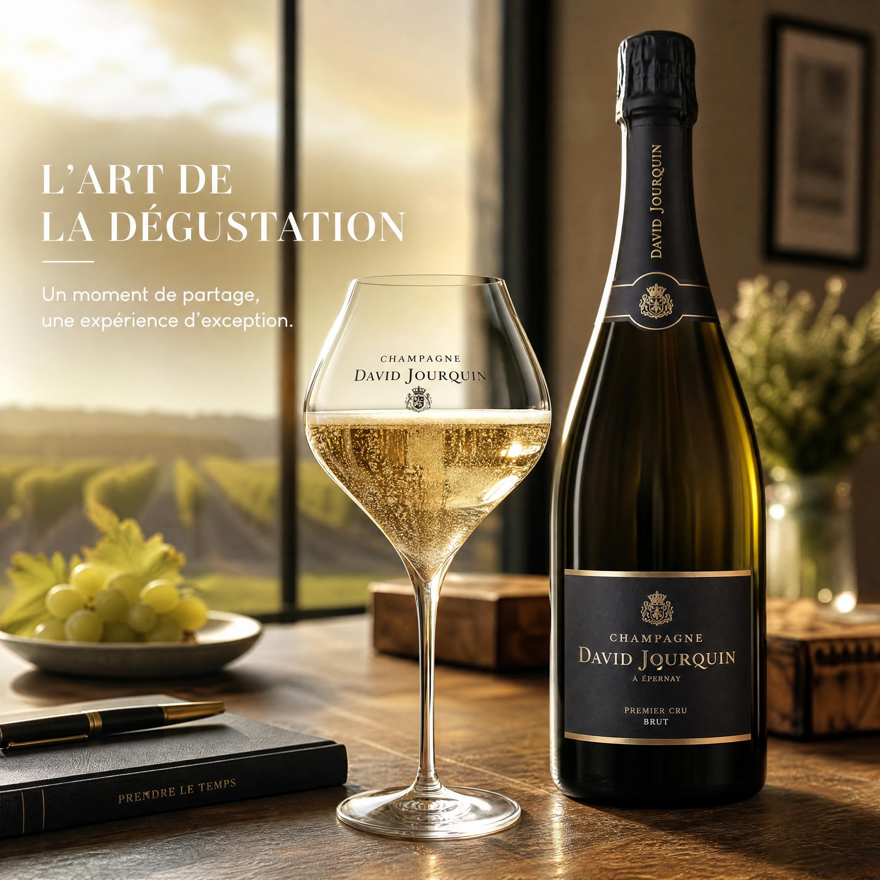 Un verre à vin évasé contenant un Champagne David Jourquin, posé sur une table en bois noble avec une lumière naturelle dorée en arrière-plan, illustrant l'élégance et le rituel de dégustation.