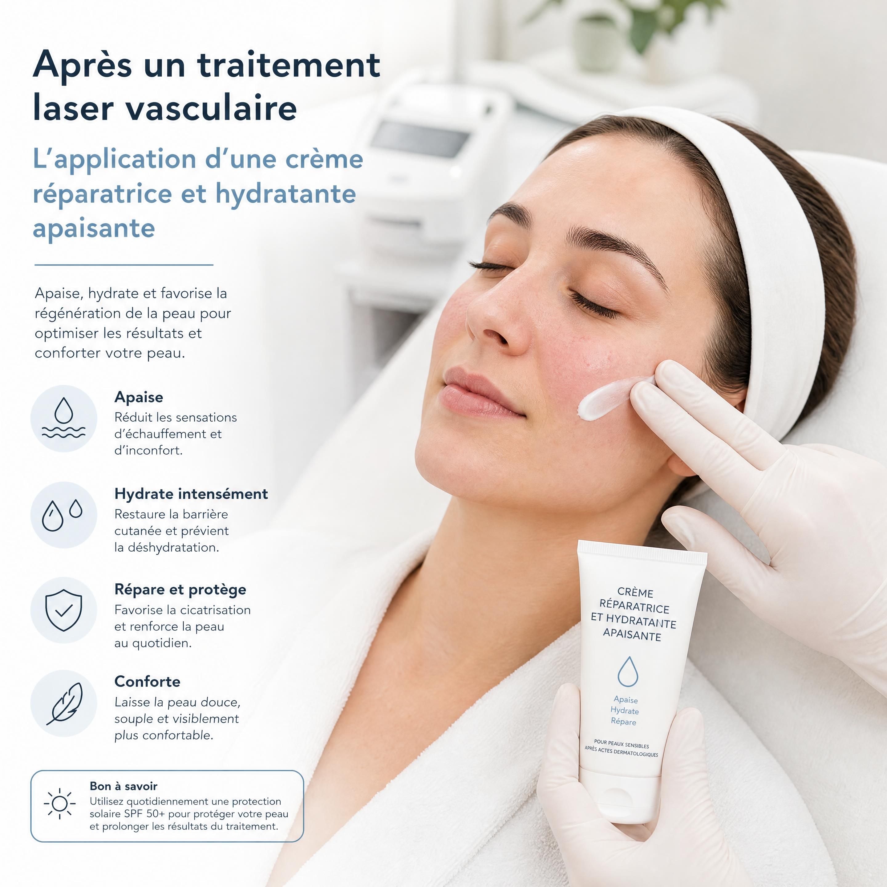 L'application d'une crème réparatrice et hydratante apaisante après un traitement laser vasculaire