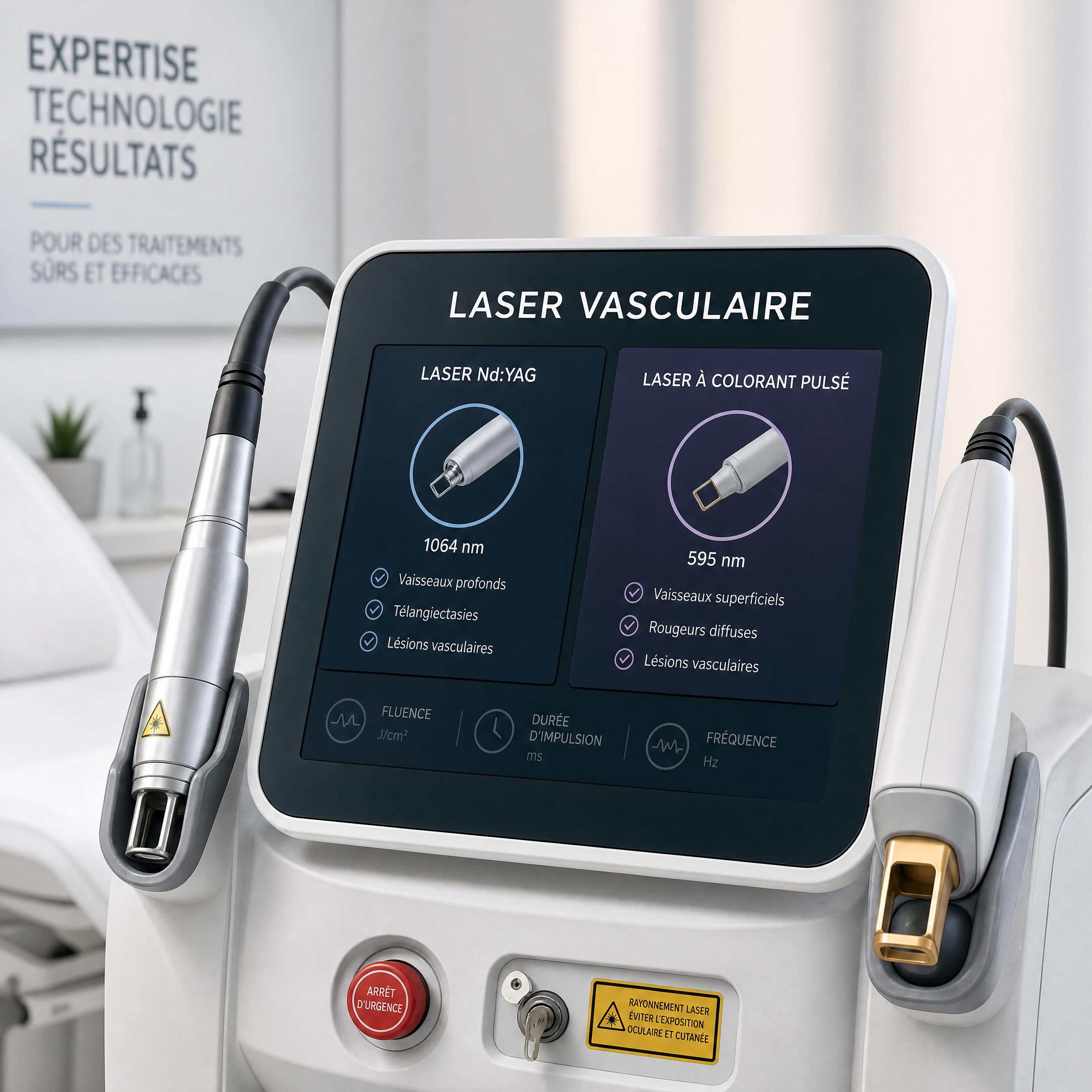 Gros plan sur un appareil de laser vasculaire de type laser NdYAG et laser à colorant pulsé en clinique