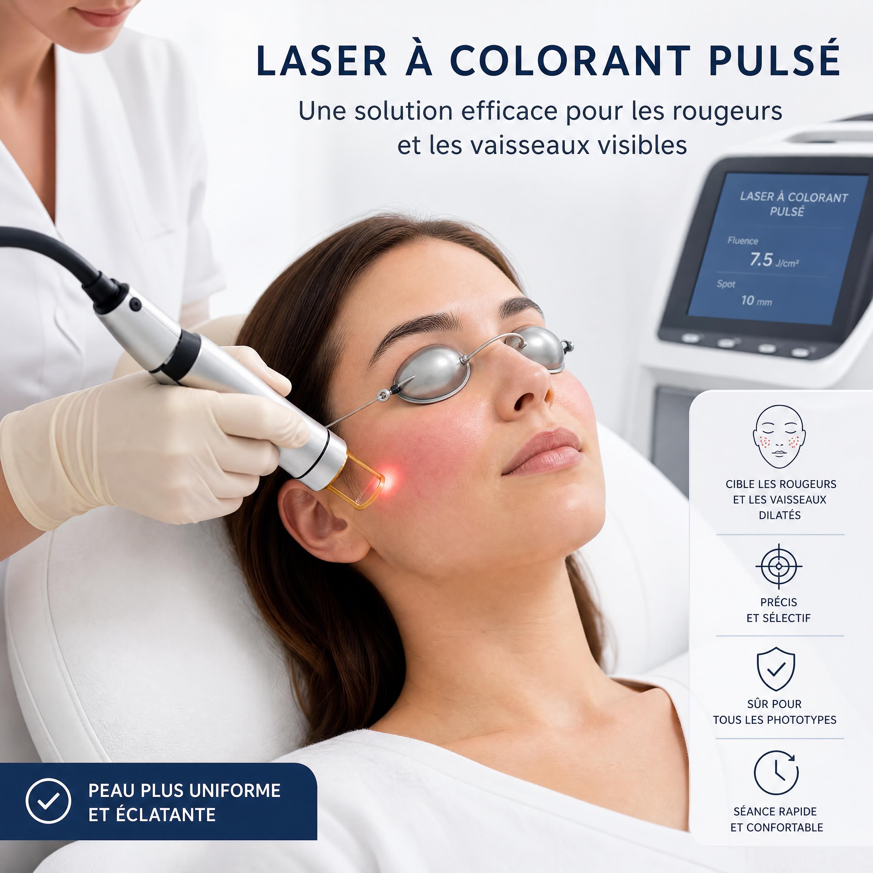 Une séance de laser à colorant pulsé sur les joues d'une patiente portant des coques de protection oculaire