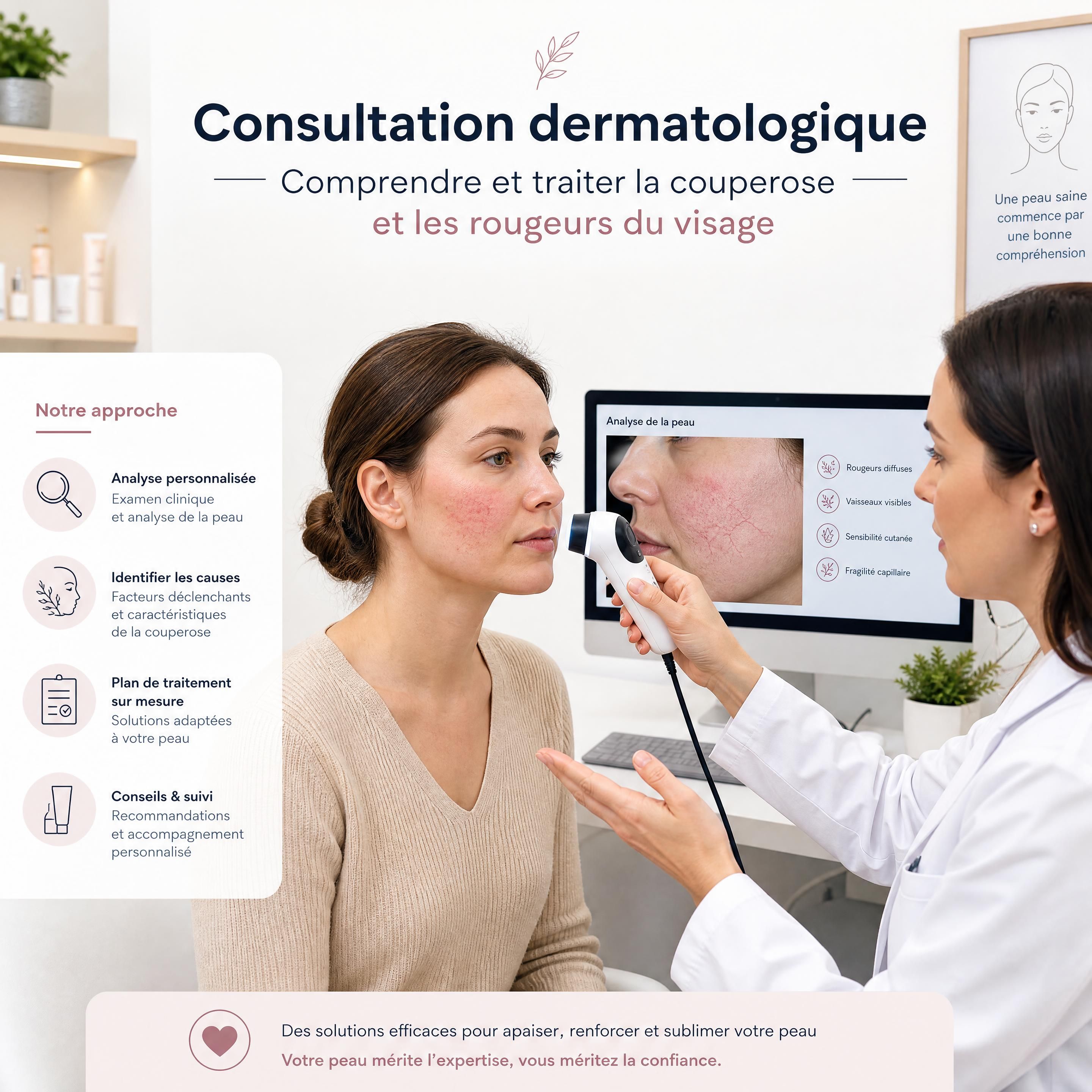 Une consultation en clinique dermatologique pour analyser la couperose et les rougeurs du visage